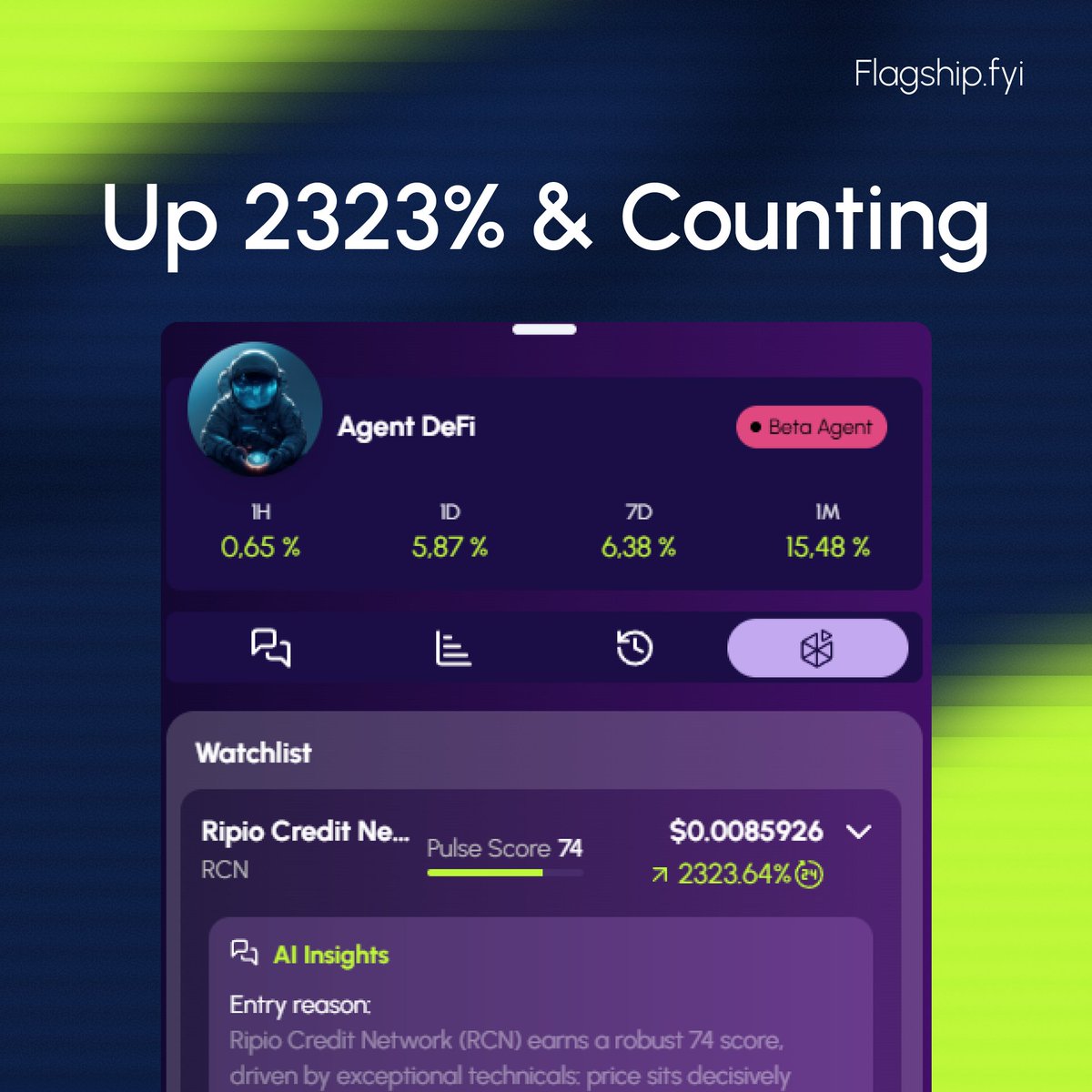 2323% up on $RCN 👀

Agent DeFi caught <a href="/RCNFinance/">RCN</a> early, pre-pump.

Get in with Flagship. 

Link below 👇
