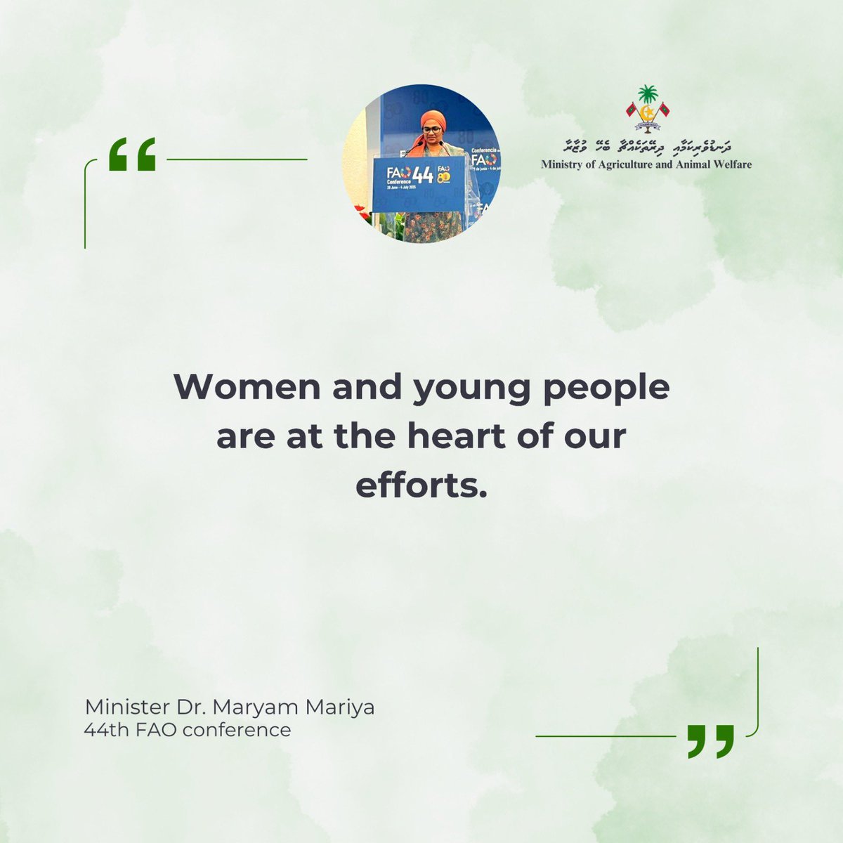 Ministry of Agriculture and Animal Welfare (@maawmv) on Twitter photo “Women and young people, are at the heart of our efforts.” - Dr. Maryam Mariya <a href="/mmaryambu/">Maryam Mariya</a>
FAO Conference “Women and young people, are at the heart of our efforts.” - Dr. Maryam Mariya <a href="/mmaryambu/">Maryam Mariya</a>
FAO Conference