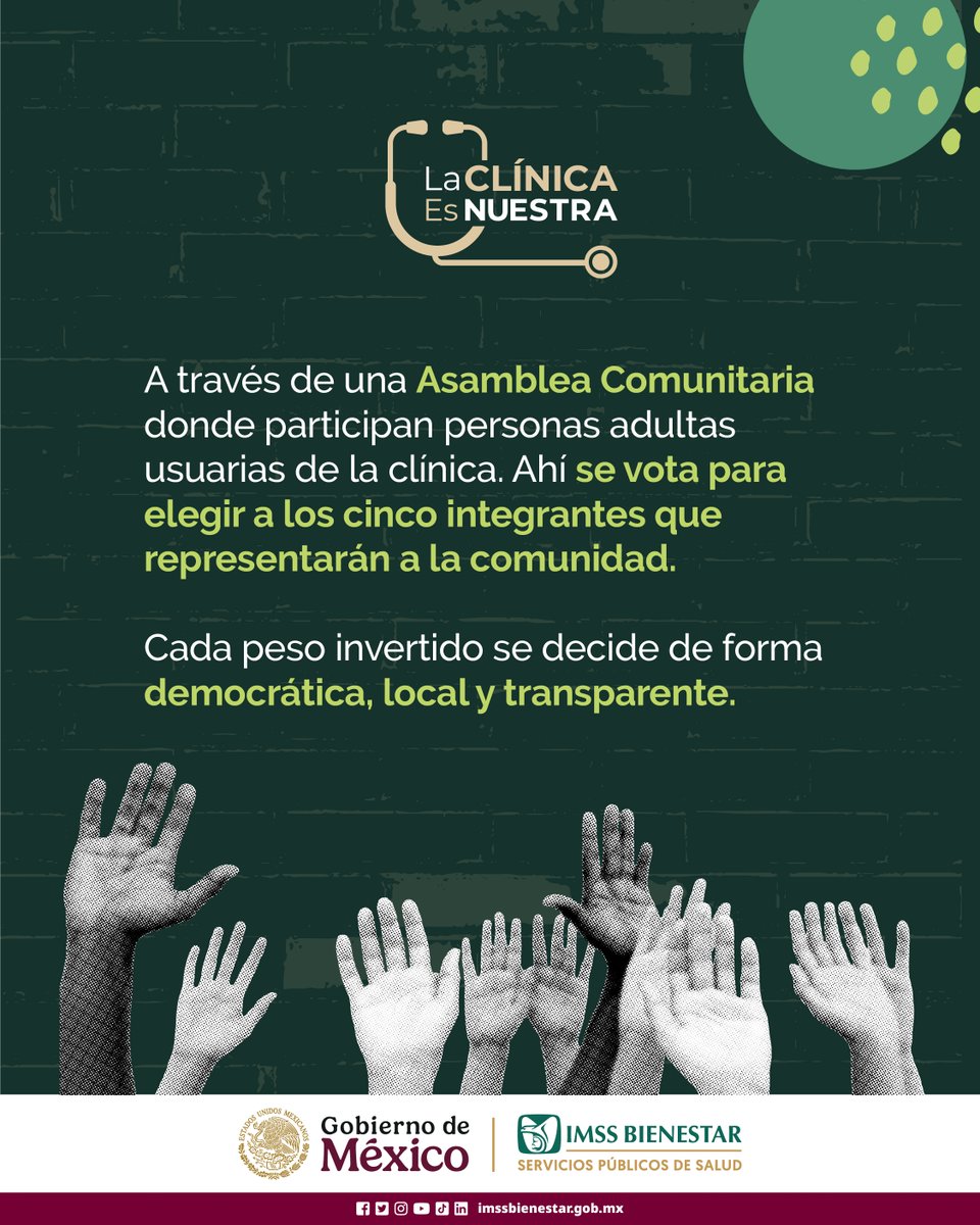 IMSS_Bienestar's tweet photo. En cada unidad en la que llega el programa #LaClínicaEsNuestra, se realiza una asamblea donde las personas sin seguridad social:
✅ Conocen cómo funciona el programa
✅ Eligen por votación a su Comité de Salud para el Bienestar (#CoSaBi)
✅ Dialogan sobre las necesidades de su unidad médica
✅ Se organizan para mejorar su centro de salud
Es un ejercicio democrático, participativo y transparente. Consulta cuándo será tu asamblea en: https://t.co/dhEdB2fQUP