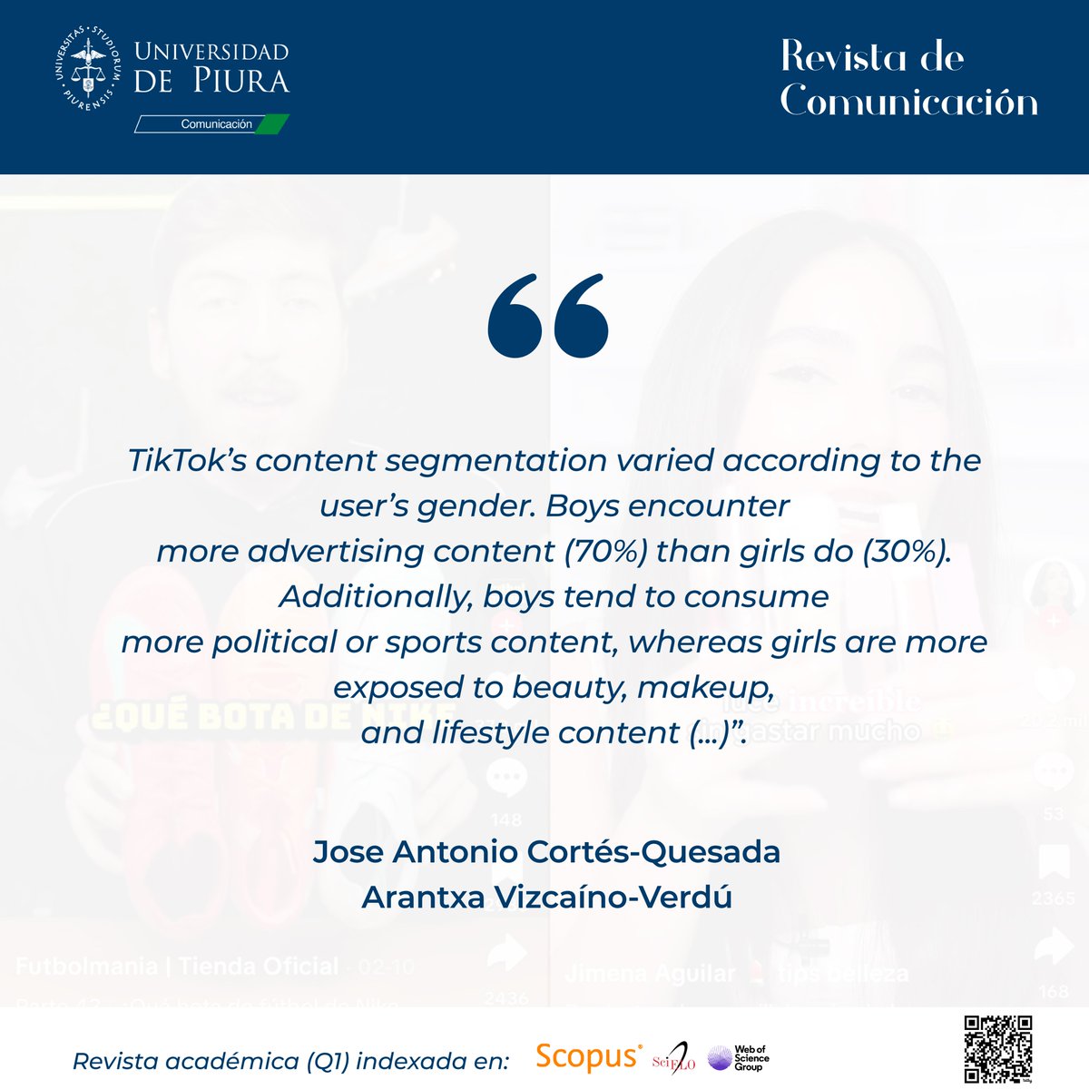 📘Artículo del Vol.24, N° 1 (2025)

🔎Los investigadores analizan 500 vídeos de #TikTok dirigidos a menores para hallar el impacto de la publicidad transmitida en esta red social sobre la #generaciónAlfa.

🔗 goo.su/Ek85p

#TikTok #publicidad #menores #Rcom #Fcom #Udep