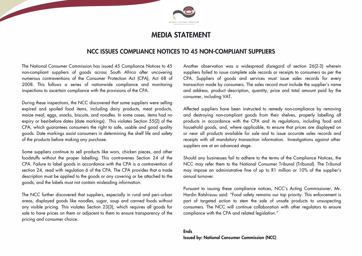 TheNCC_RSA's tweet image. NCC issues 45 compliance notices to suppliers that contravened the Consumer Protection Act (CPA).
