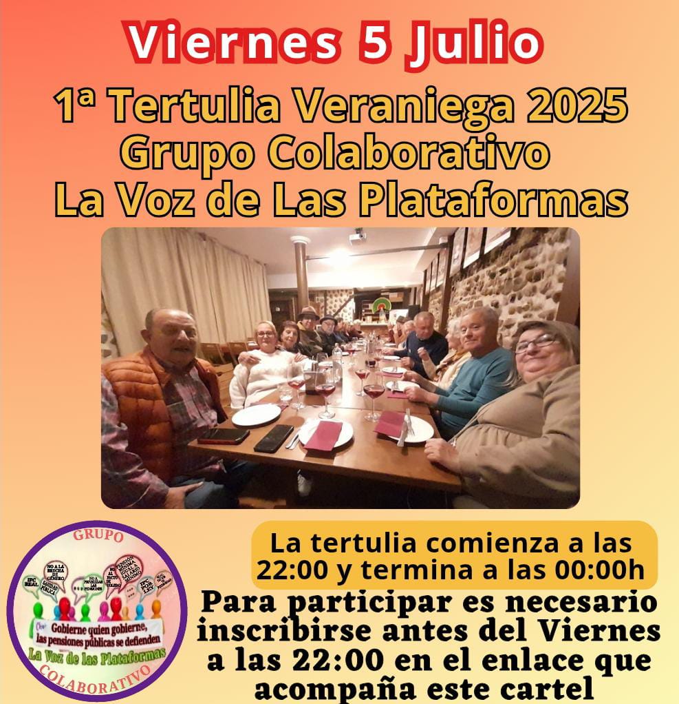 Mov. Defensa Pensions Públicas e do publico Lugo (@modepenl) on Twitter photo #TertuliaVeraniega
*1ª Tertulia Veraniega 2025 Grupo Colaborativo La Voz de Las Plataformas*
Inscríbase en el enlace👇🏻👇🏻👇🏻👇🏻
*us02web.zoom.us/meeting/regist…*
Recibirá E-mail para unirse
<a href="/pensionazo_no/">G. C. LA VOZ de LAS PLATAFORMAS</a>
<a href="/PorLaUnidadPens/">@PorLaUnidadSocial</a>
<a href="/LaVozenIgualdad/">La Voz de las Plataformas por la igualdad.</a> #TertuliaVeraniega
*1ª Tertulia Veraniega 2025 Grupo Colaborativo La Voz de Las Plataformas*
Inscríbase en el enlace👇🏻👇🏻👇🏻👇🏻
*us02web.zoom.us/meeting/regist…*
Recibirá E-mail para unirse
<a href="/pensionazo_no/">G. C. LA VOZ de LAS PLATAFORMAS</a>
<a href="/PorLaUnidadPens/">@PorLaUnidadSocial</a>
<a href="/LaVozenIgualdad/">La Voz de las Plataformas por la igualdad.</a>