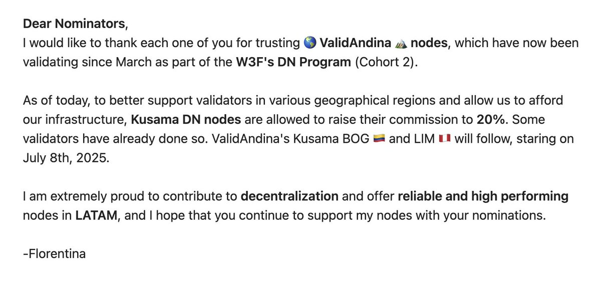 validandina's tweet image. Dear Nominators, this is an announcement regarding the upcoming commission changes for ValidAndina Kusama nodes:
"๐ ValidAndina ๐๏ธ BOG ๐จ๐ด KSM" (JMB89sS8GfRN4ebiQ8xMVVowwnzQ6oD1iXrxPP6WjsXTJXb)
"๐ ValidAndina ๐๏ธ LIM ๐ต๐ช KSM" (FELETDtt5cdxYmqTudCkeqLPGqbM8VRU37fgxB4ctoXARgh)