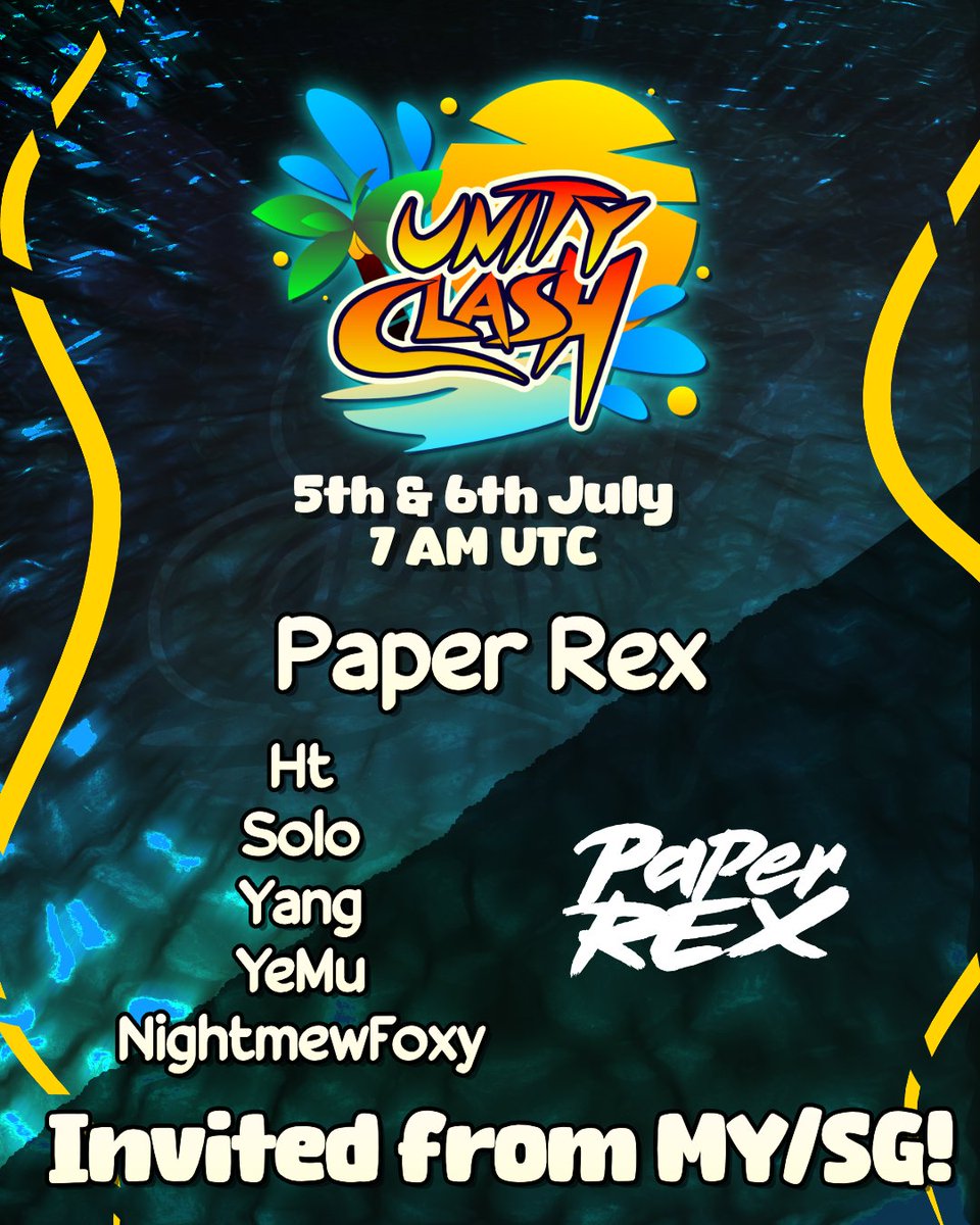 Unity Clash ~ Pokémon UNITE & Pocket (@unityclashpu) on Twitter photo Welcome, <a href="/pprxproto/">Paper Rex Proto</a> , to the Unity Clash Summer Showdown 2025!
<a href="/Ht__mys/">PRX Ht</a>
<a href="/Solounitez/">PRX Solo</a>
<a href="/its_yangggg/">PRX Yang</a>
<a href="/Waynechuaze/">PRX Reẞöngs</a>
Yemu
<a href="/NightmewFoxy/">NightmewFoxy</a>
Tune in on 5th & 6th July at 7 AM UTC to catch the action LIVE!
#PokemonUNITE #UNITEesports #UnityClash Welcome, <a href="/pprxproto/">Paper Rex Proto</a> , to the Unity Clash Summer Showdown 2025!
<a href="/Ht__mys/">PRX Ht</a>
<a href="/Solounitez/">PRX Solo</a>
<a href="/its_yangggg/">PRX Yang</a>
<a href="/Waynechuaze/">PRX Reẞöngs</a>
Yemu
<a href="/NightmewFoxy/">NightmewFoxy</a>
Tune in on 5th & 6th July at 7 AM UTC to catch the action LIVE!
#PokemonUNITE #UNITEesports #UnityClash