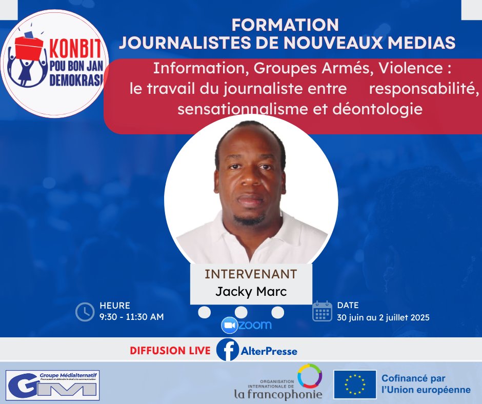 Jour 2
<a href="/EUDelegationHt/">L’Union européenne en Haïti</a> <a href="/OIFrancophonie/">La Francophonie</a>  <a href="/AlterPresse/">AlterPresse</a> <a href="/efdecime/">EdnerFils Segur E. Bonnaig-Decime🌎</a> <a href="/madjohD1/">Madjolah Pierre</a> <a href="/PCHERILIN/">Pierre-Antoine CHERILIN</a> 
Intervenant : Jacky Marc