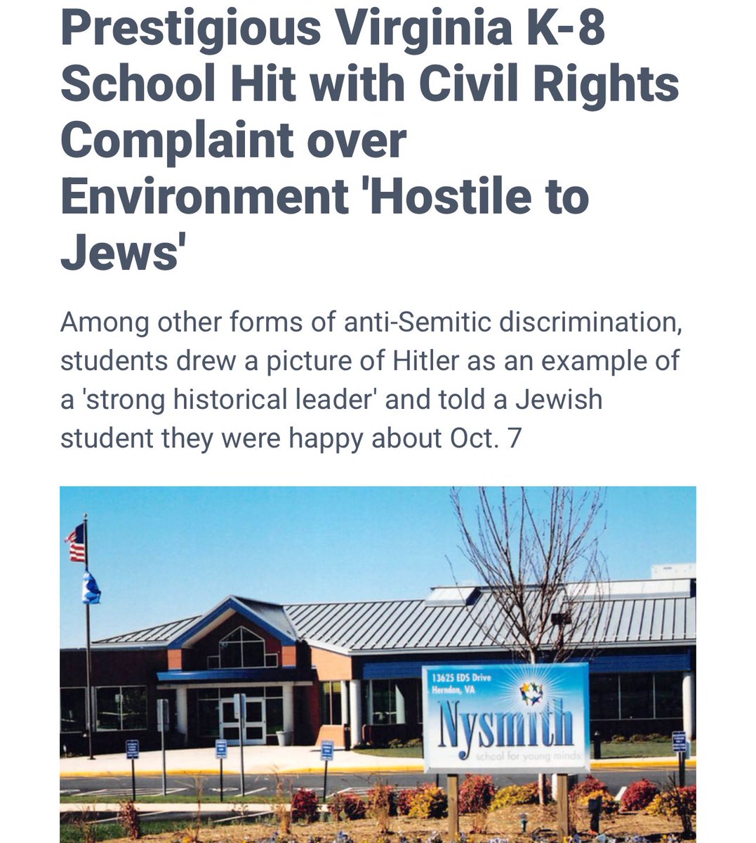 🚨BREAKING
This is what institutional antisemitism looks like—at one of America’s “top” K-8 schools

The Nysmith School in Virginia is facing a civil rights complaint after expelling three Jewish kids whose family reported RELENTLESS antisemitic abuse.

Here’s what happened:
—