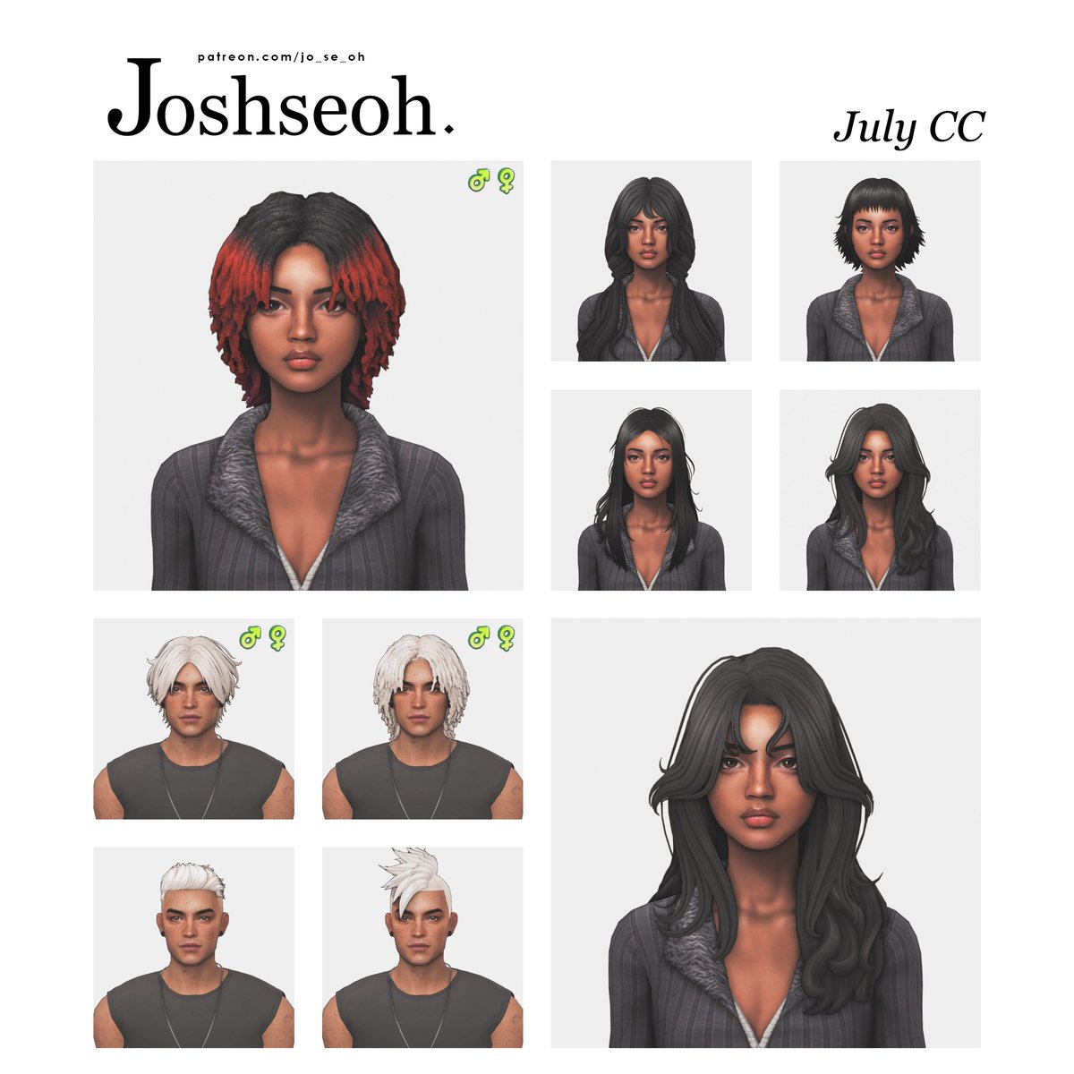 joshseoh's tweet image. July CC ✨
Here's the line-up for this month's CC!
Be a patron of the Supporter Silver/Gold/Gold Plus tier to gain early access!
Each hair CC will be posted throughout the month #TheSims4