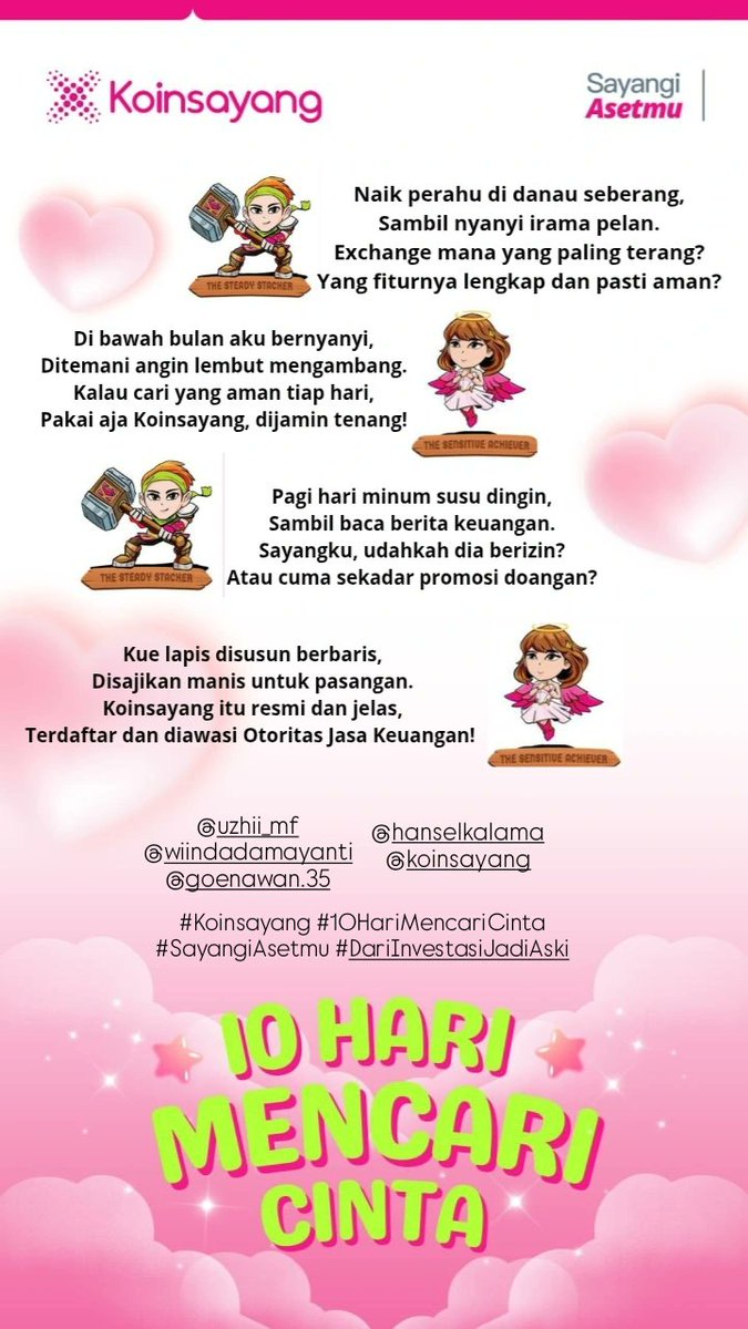 Ketika 'The Steady Stacker' <a href="/HanselKalama/">Hansel Kalama | Koinsayang</a> sedang beradu pantun dengan 'The Sensitive Achiever' <a href="/Vincentsalaka/">Vincent | Koinsayang ♥️</a> dalam #10HariMencariCinta di <a href="/Koinsayang/">Koinsayang | Crypto Exchange</a> 

Yuk ikutan guys join Whitelist nya! Hanya di #Koinsayang
<a href="/windalll18/">windal 🔺</a> <a href="/Aghoestar1/">Aghoestar ꓯ🔺⚔️</a> <a href="/Goenawan35/">TheCryptoGun 9000🔺</a>