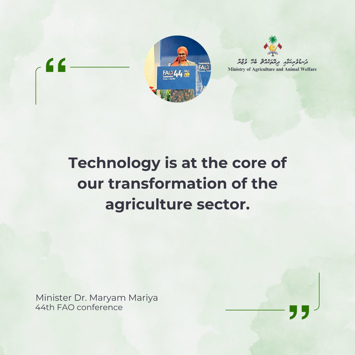 Ministry of Agriculture and Animal Welfare (@maawmv) on Twitter photo “Technology is at the core of our transformation of agriculture sector.” - Minister Dr. Maryam Mariya <a href="/mmaryambu/">Maryam Mariya</a>
FAO Conference “Technology is at the core of our transformation of agriculture sector.” - Minister Dr. Maryam Mariya <a href="/mmaryambu/">Maryam Mariya</a>
FAO Conference