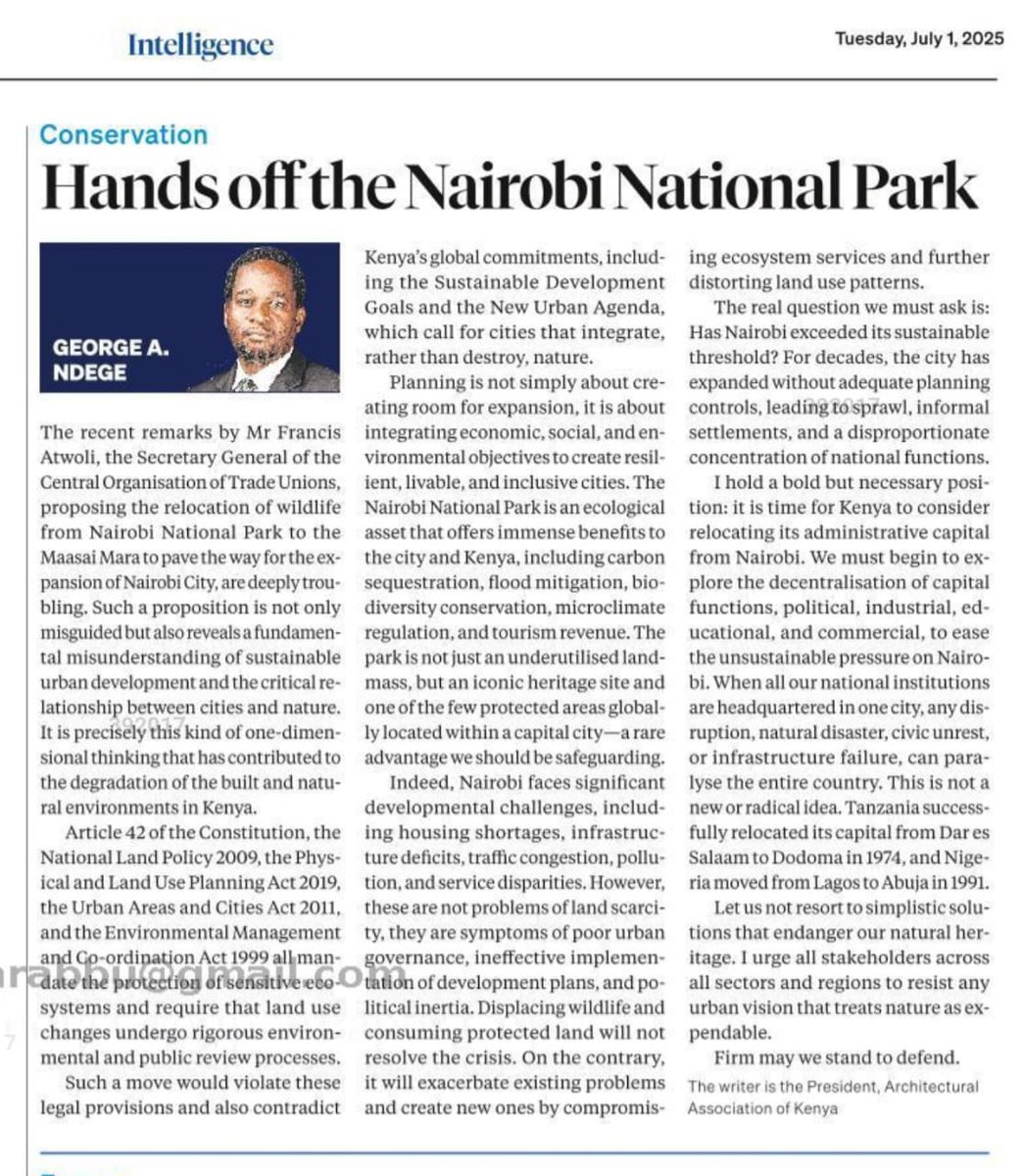 Okowa Nashon (@okowanashon) on Twitter photo NDUGU <a href="/arabbu/">Arabbu Ndege</a>, the President Architectural Association of Kenya, has summed up what many of us in the built environment are saying. It is diabolical for anyone to think about invading our park. Such comments can only come from people with a fast diminishing shelf life. NDUGU <a href="/arabbu/">Arabbu Ndege</a>, the President Architectural Association of Kenya, has summed up what many of us in the built environment are saying. It is diabolical for anyone to think about invading our park. Such comments can only come from people with a fast diminishing shelf life.