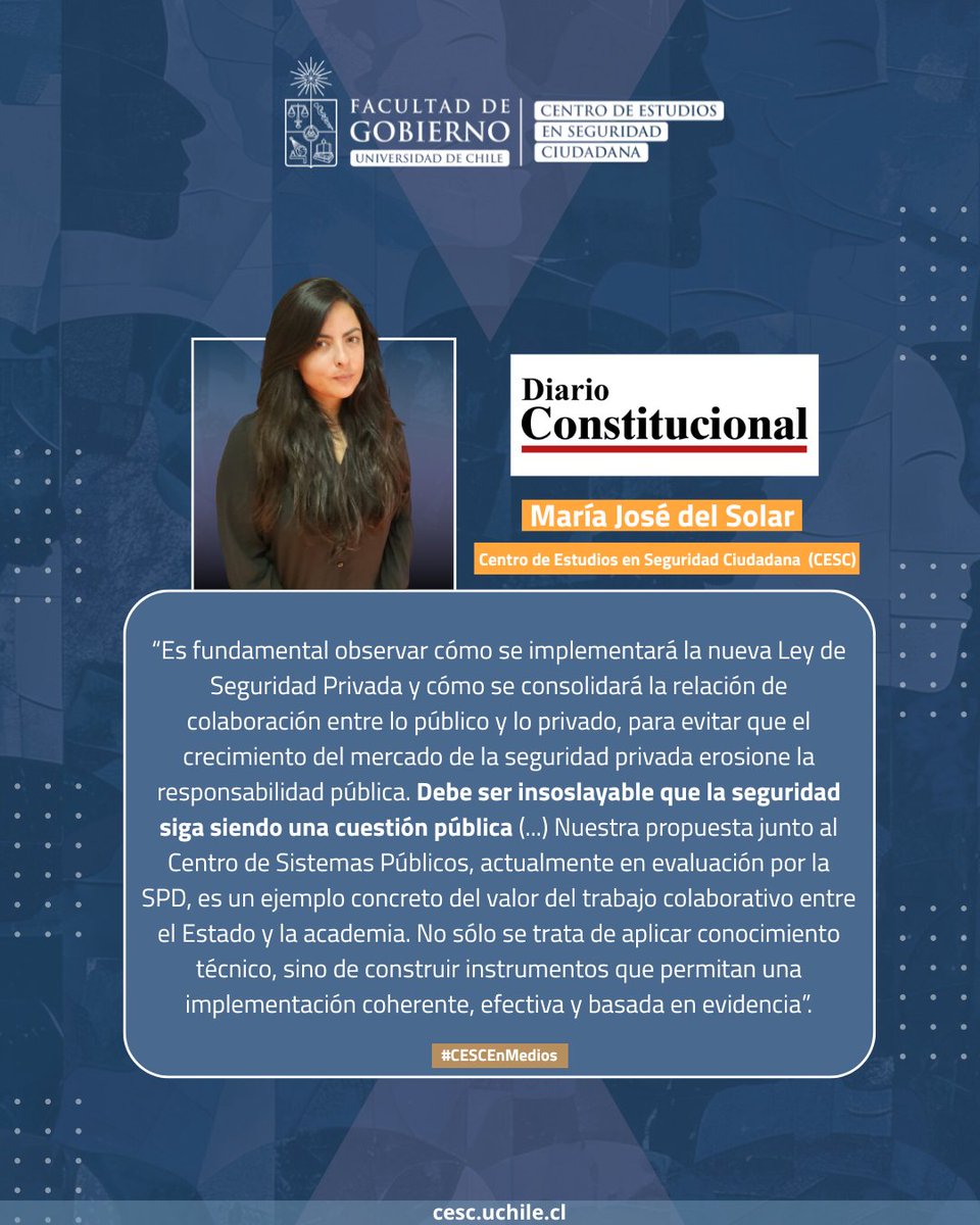 CESC_UChile's tweet image. 🗞️ #CESCEnMedios | Nuestra Coord. Investigación María José del Solar habló con @DiarioConst sobre el apoyo del CESC, @csp_uchile y @SubPrevDelito en la implementación de la #LeySeguridadPrivada

📲 diarioconstitucional.cl
