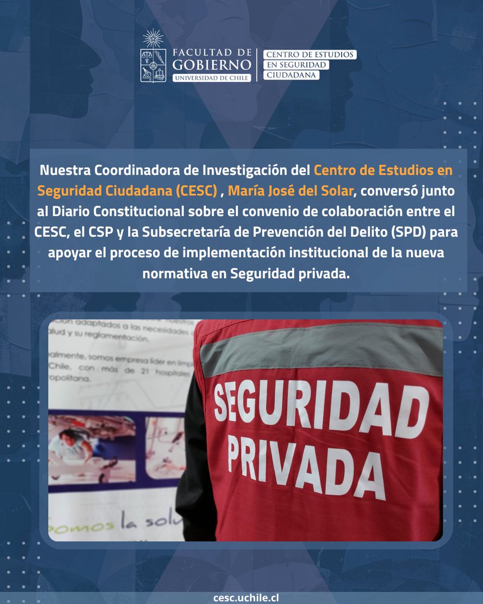 CESC_UChile's tweet image. 🗞️ #CESCEnMedios | Nuestra Coord. Investigación María José del Solar habló con @DiarioConst sobre el apoyo del CESC, @csp_uchile y @SubPrevDelito en la implementación de la #LeySeguridadPrivada

📲 diarioconstitucional.cl