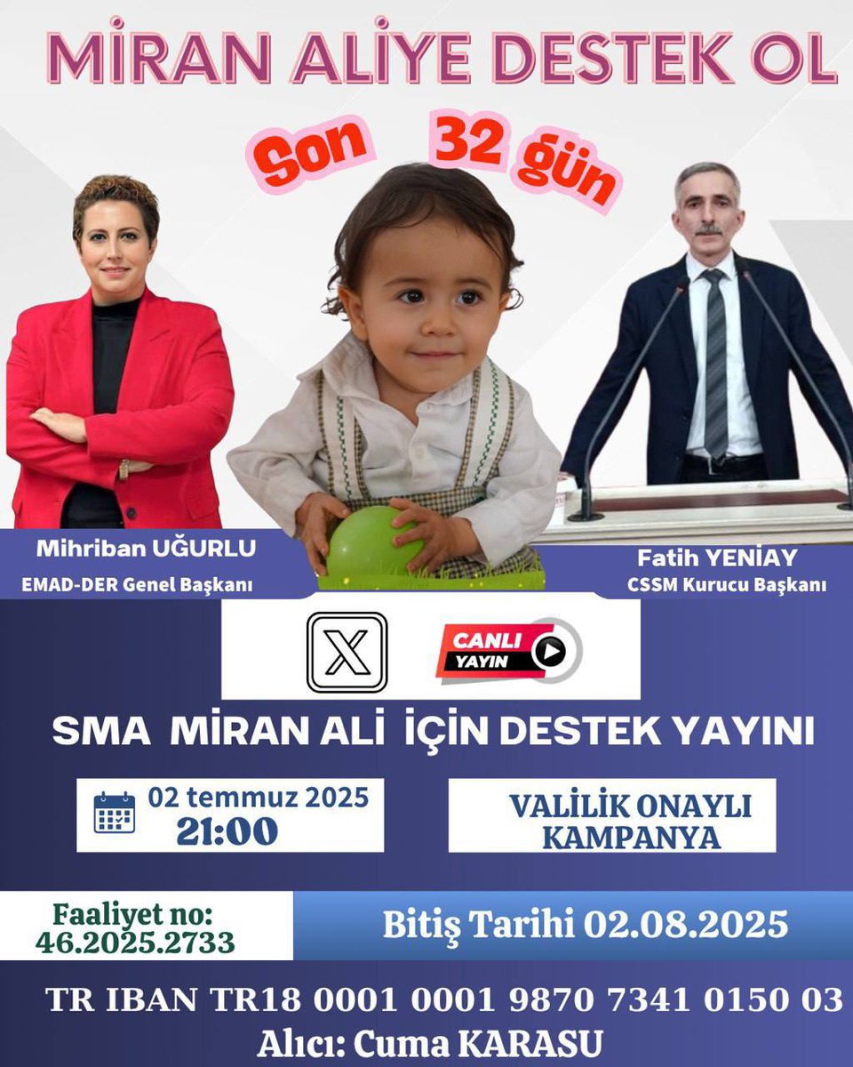 🌟✨ SMA Hastası Miran Ali İçin Umut Dolu Destek Gecesi! ✨🌟

🗓 Tarih: 2 Temmuz 2025
⏰ Saat: 21:00

📺 Valilik onaylı ve özel bir dayanışma yayını!
Binlerce umutla bekleyen yavrularımızdan biri olan Miran Ali için el ele veriyoruz. Bu anlamlı yayını sakın kaçırmayın!

❤️ Her
