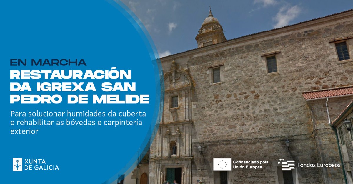 🔷 Comeza a restauración da igrexa de San Pedro de Melide, por valor de 600.000€ cofinanciada polos #FondosEuropeos

👆 Esta actuación contribúe a garantir a protección e conservación dos bens patrimoniais en rutas xacobeas