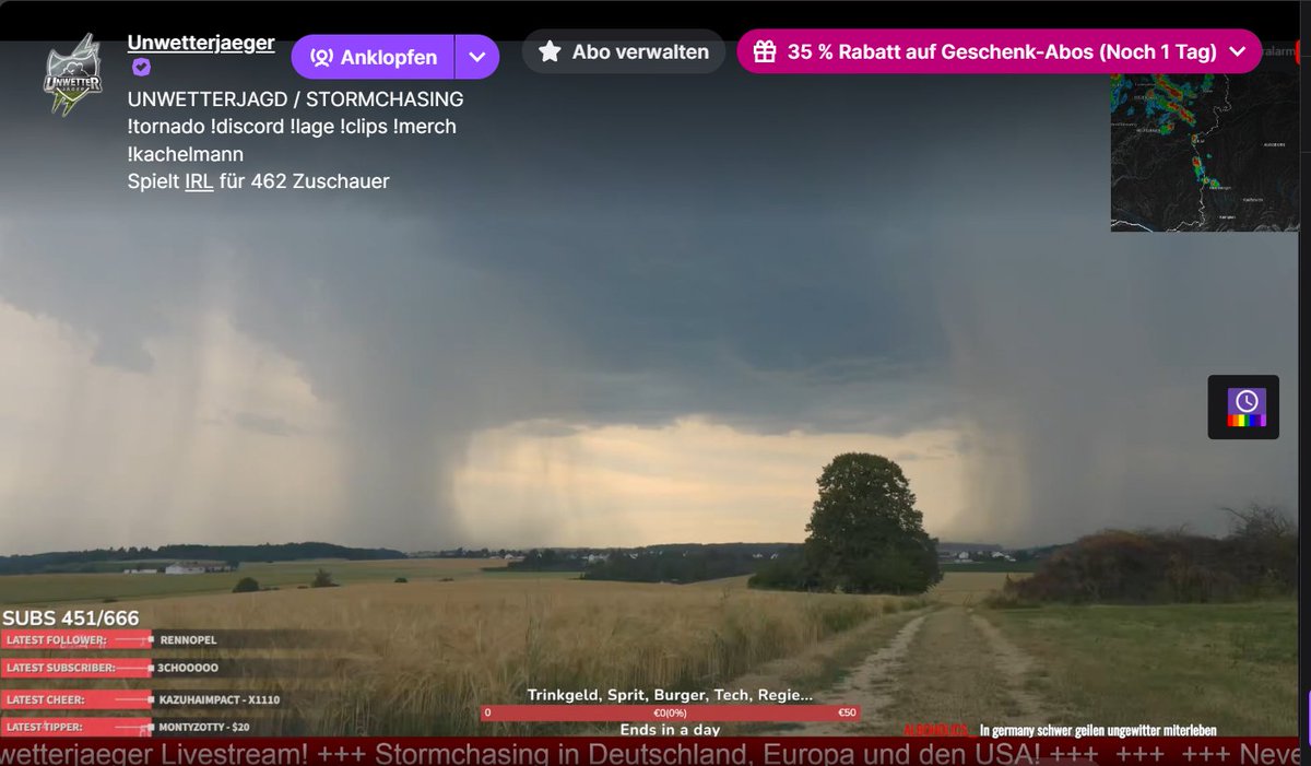 Unwetterjaeger (@unwetterjager) on Twitter photo Aktuell Gewitter / Unwetter bei Ulm! Die Niederschlagskerne die es runterhaut! ⛈️☂️
Schaut gerne in unserem Livestream auf Twitch und Youtube vorbei!
Morgen sind wir im Nordwesten unterwegs und werden auch wieder live streamen.
<a href="/Kachelmann/">Jörg @kachelmann anderswo: @realkachelmann</a> <a href="/Kachelmannwettr/">Kachelmannwetter</a> <a href="/Fabian_Ruhnau/">Fabian Ruhnau</a> Aktuell Gewitter / Unwetter bei Ulm! Die Niederschlagskerne die es runterhaut! ⛈️☂️
Schaut gerne in unserem Livestream auf Twitch und Youtube vorbei!
Morgen sind wir im Nordwesten unterwegs und werden auch wieder live streamen.
<a href="/Kachelmann/">Jörg @kachelmann anderswo: @realkachelmann</a> <a href="/Kachelmannwettr/">Kachelmannwetter</a> <a href="/Fabian_Ruhnau/">Fabian Ruhnau</a>