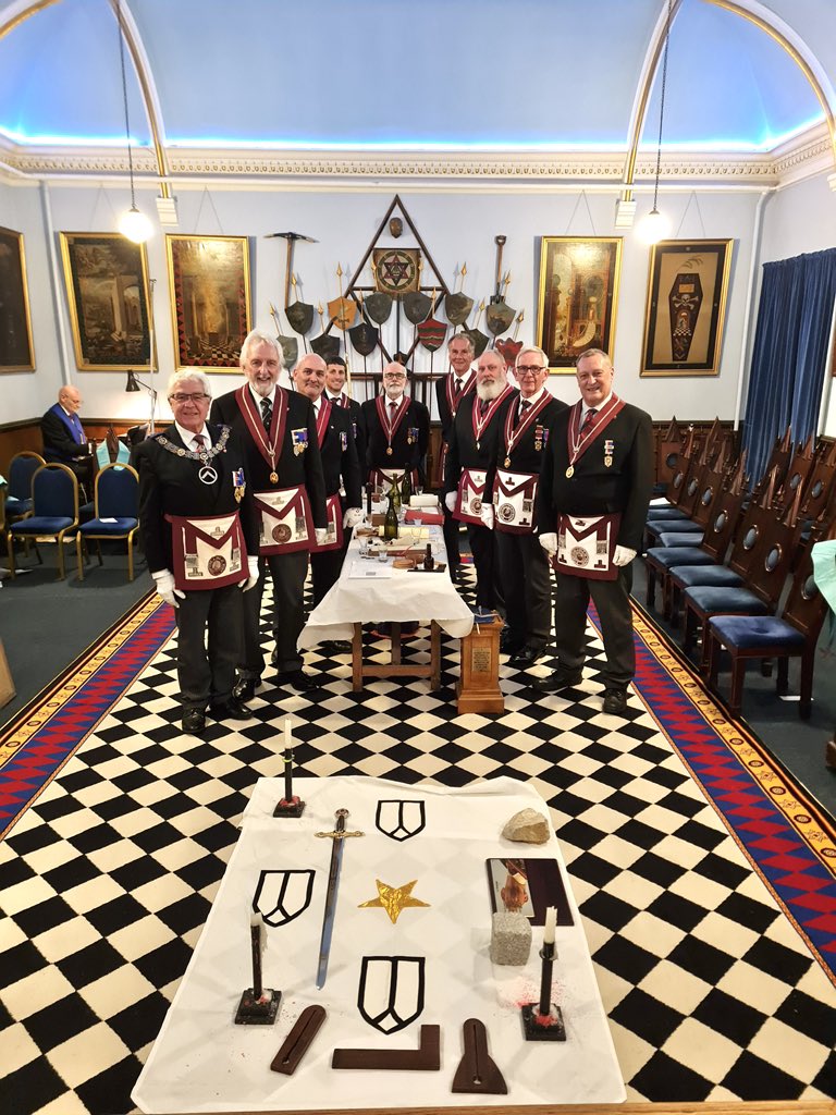 “Atholl Team members at Albany Lodge No.151,Newport, IOW, (an Atholl Lodge!) , 9th June 2025. Grateful to V W Bro Dave Perkis for standing in as Candidate for the evening – showed promise!”