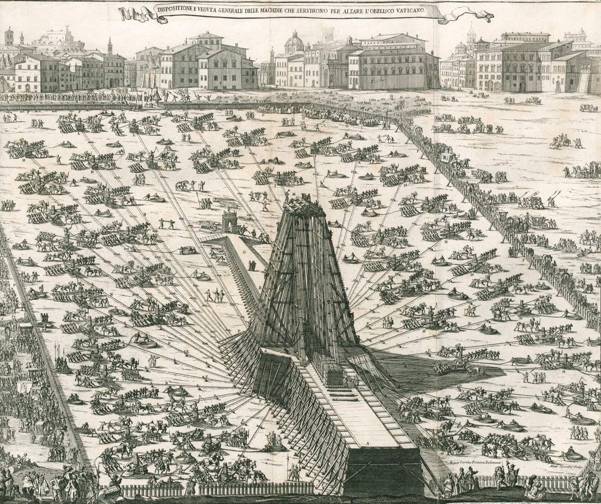 romamedieval's tweet image. Cómo se alza el obelisco Vaticano en la plaza de San Pedro🧐
"Dispositione e veduta generale delle machine che servirono per alzare l'obelisco vaticano", en "Templum Vaticanum et ipsius origo" de Carlo Fontana