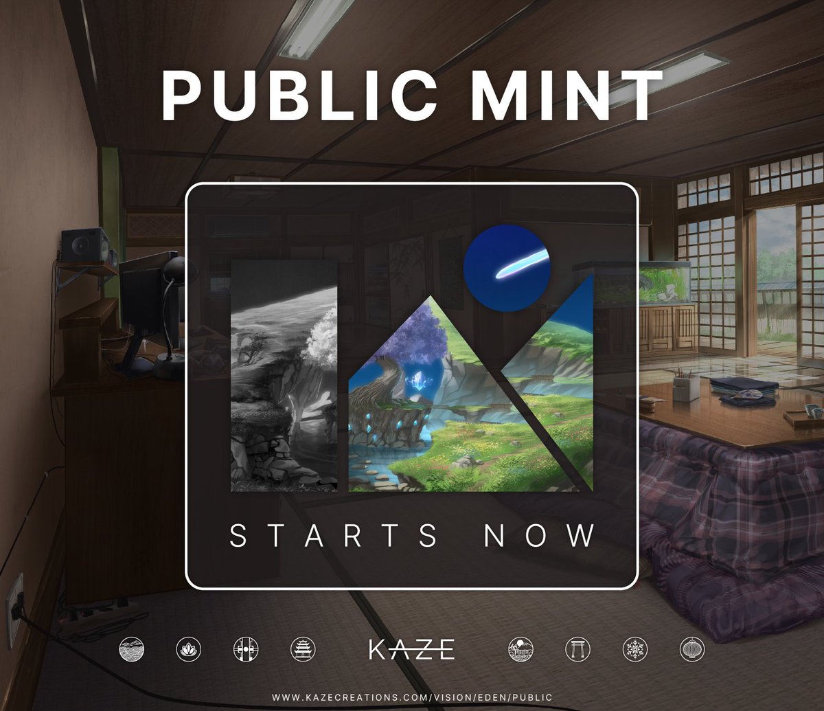 KazeCreations's tweet image. Public phase &amp;amp; claim is now live! 
kazecreations.com/vision/eden/pu…

Welcome to the most beautiful mint of 2025. 

⚠️ You only have 2 hours, trading will be live after.
✅ For Presale/FCFS participants, you can click on &quot;claim&quot; to obtain your NFTs