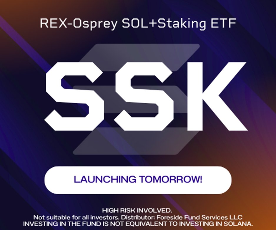 Coming Tomorrow: The First-Ever Staked Crypto ETF in the U.S.!

Introducing the REX-Osprey™ SOL + Staking ETF, designed to track the performance of Solana while generating rewards through on-chain staking.

✔️ SOL exposure
✔️ Staking rewards

A new era of crypto exposure is