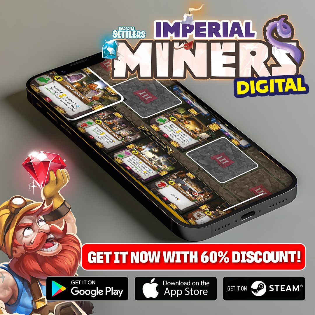 Portal Games Digital has a SUMMER SALE on the Imperial Miners app! If you love engine-building card games, it may be a great moment to add it to your collection!