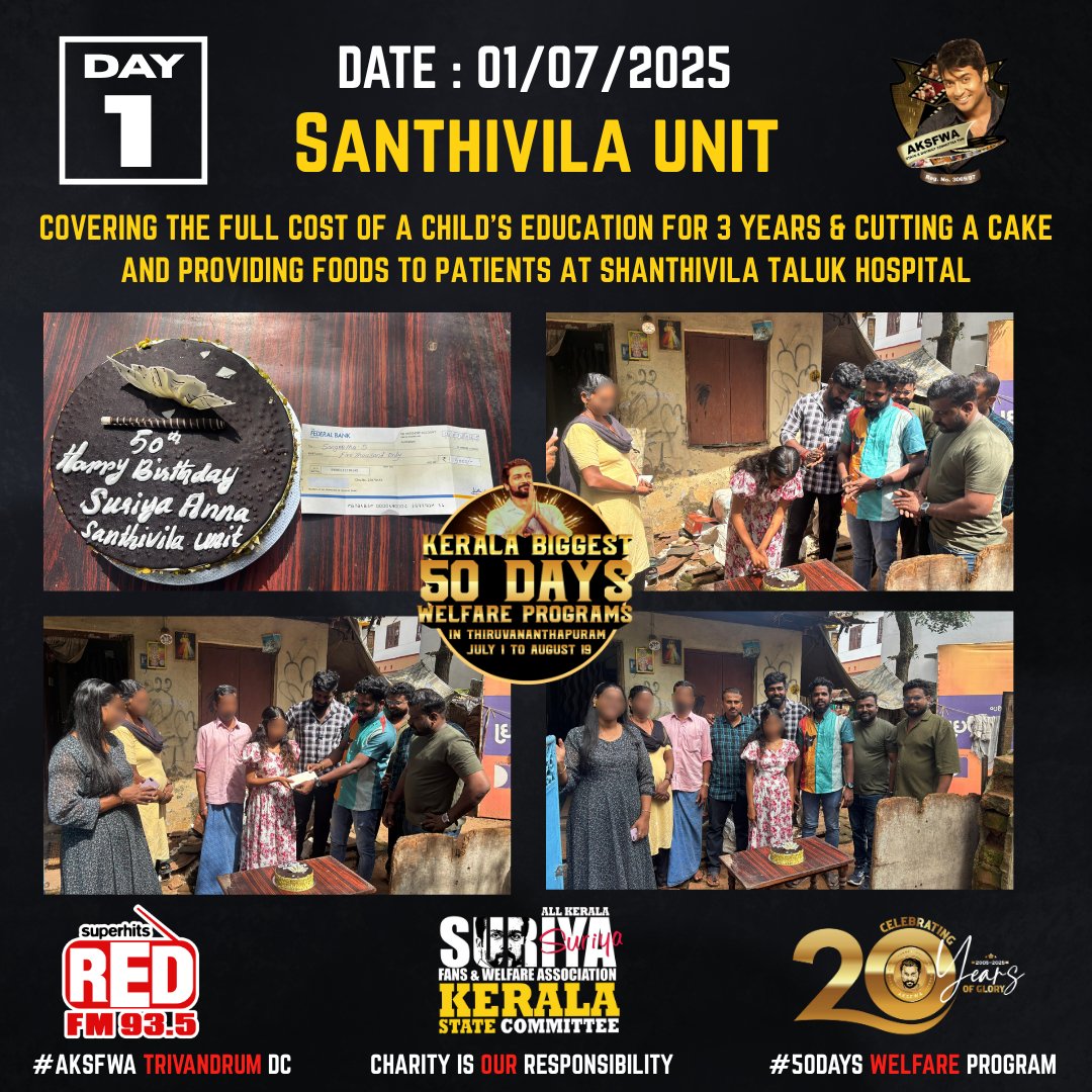 Santhivila Unit covered 3 years of full education fee for a child and Served food to patients at Shanthivila Taluk Hospital.

This is part of the 50 days of welfare activities planned as a celebration for <a href="/Suriya_offl/">Suriya Sivakumar</a> Anna’s 50th Birthday ❤️

<a href="/AKSFWA1/">Kerala Suriya Fans Club™</a> #Suriya50 <a href="/rajsekarpandian/">Rajsekar Pandian</a>
