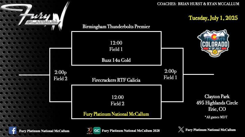 Fury Platinum National 2028 (@vafuryplat2028) on Twitter photo The National Power Pool Box Brackets begin today in Colorado! <a href="/COSparkFire/">CO 4th of July</a>
“Success is never owned, it’s rented. And rent is due everyday.” #PlatinumProud
⏲️ 12:00 (MDT) / 2:00pm (EST)
📍 Clayton Park 495 Highlands Circle Erie, CO
📺 Fury Platinum National McCallum (GC & AGL) The National Power Pool Box Brackets begin today in Colorado! <a href="/COSparkFire/">CO 4th of July</a>
“Success is never owned, it’s rented. And rent is due everyday.” #PlatinumProud
⏲️ 12:00 (MDT) / 2:00pm (EST)
📍 Clayton Park 495 Highlands Circle Erie, CO
📺 Fury Platinum National McCallum (GC & AGL)