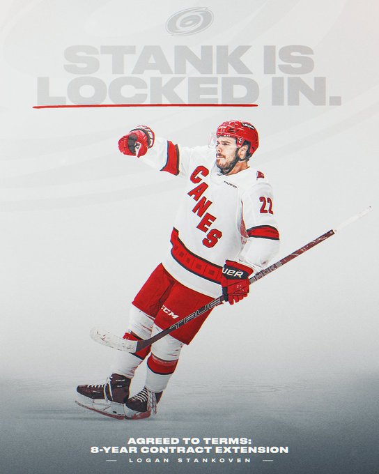 Graphic announcing the Canes have agreed to terms with Logan Stankoven on an 8-year contract extension 