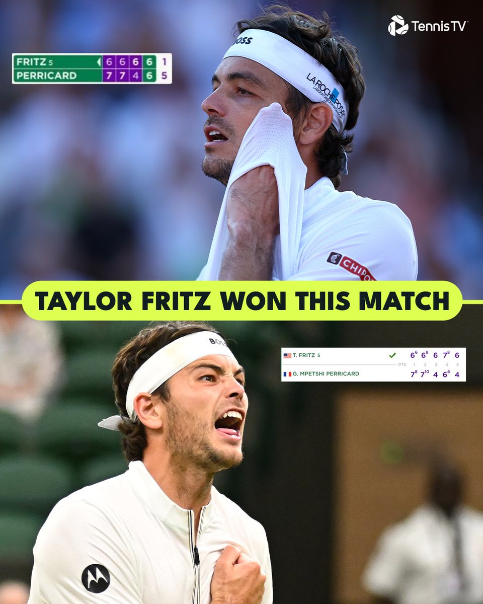 Tennis TV (@tennistv) on Twitter photo 2 Days. 1 EPIC Win.
<a href="/Taylor_Fritz97/">Taylor Fritz</a>  returns to complete the comeback against Mpetshi Perricard!
#Wimbledon 2 Days. 1 EPIC Win.
<a href="/Taylor_Fritz97/">Taylor Fritz</a>  returns to complete the comeback against Mpetshi Perricard!
#Wimbledon