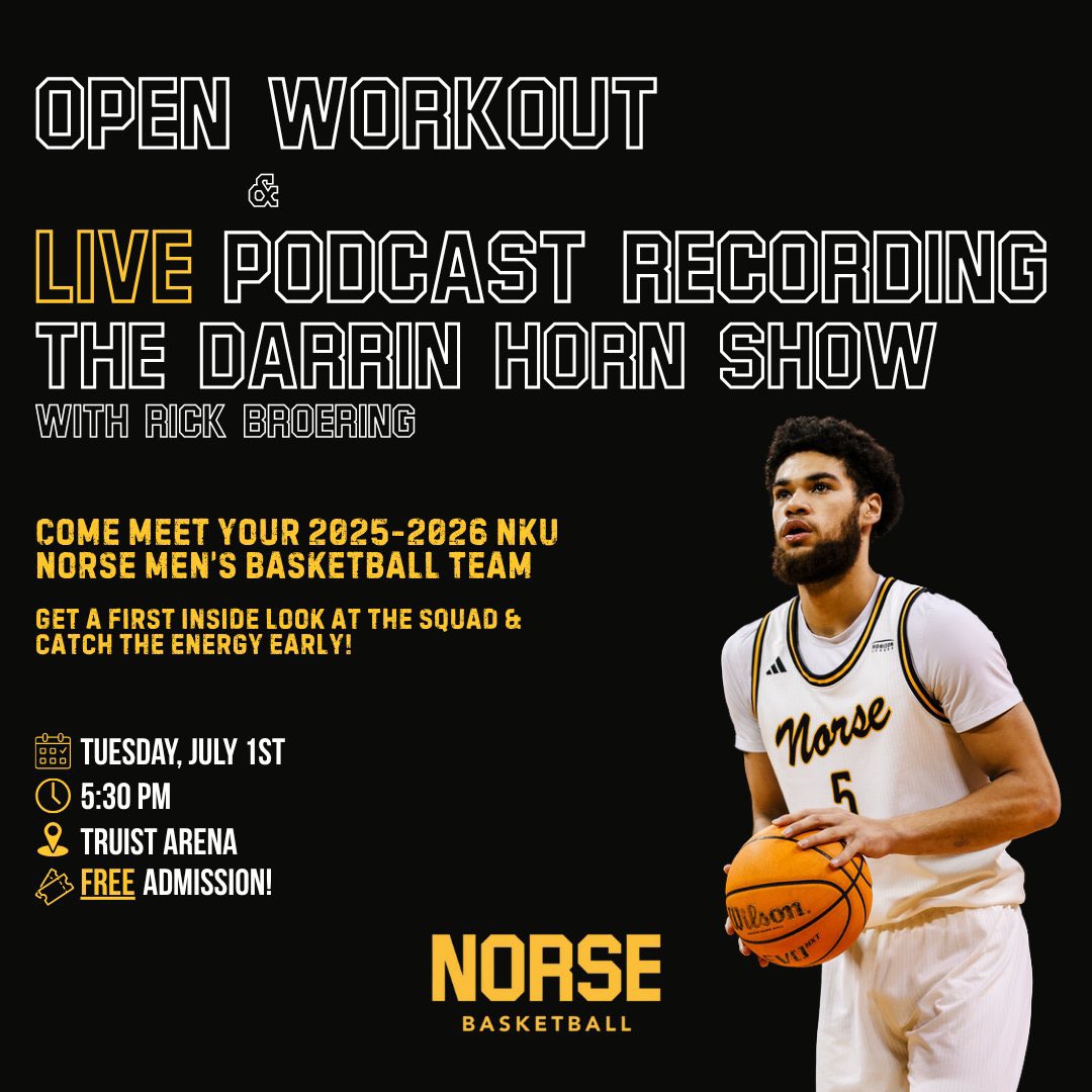 Northern Kentucky Athletics (@nkunorse) on Twitter photo ๐๐๐๐๐๐๐โผ๏ธ
Doors open at 5:30 PM for <a href="/NKUNorseMBB/">NKU Men's Basketball ๐</a>'s open workout & live recording of the Darrin Horn Show!
- Water & soda in section 112 is CASHLESS
SEE YOU THERE! ๐๐๐๐๐๐๐โผ๏ธ
Doors open at 5:30 PM for <a href="/NKUNorseMBB/">NKU Men's Basketball ๐</a>'s open workout & live recording of the Darrin Horn Show!
- Water & soda in section 112 is CASHLESS
SEE YOU THERE!