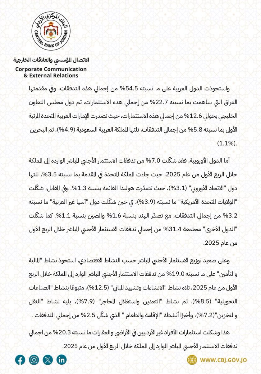"ارتفاع صافي تدفقات الاستثمار الأجنبي المباشر إلى المملكة بنسبة (14.3%) للربع الأول من العام الحالي"