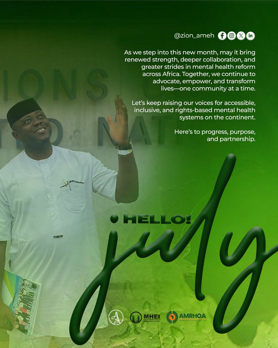 🌍 Hello July from AMHROA!
This month, we’re championing accessible, inclusive, and rights-based mental health systems across Africa. 💚
Let’s keep pushing for healing, hope, and equity—one community at a time.

<a href="/MandateHealthNG/">The Mandate Health Empowerment Initiative (MHEI)</a> <a href="/UnitedGMH/">United for Global Mental Health</a> 

#MentalHealthAfrica #WellbeingForAll