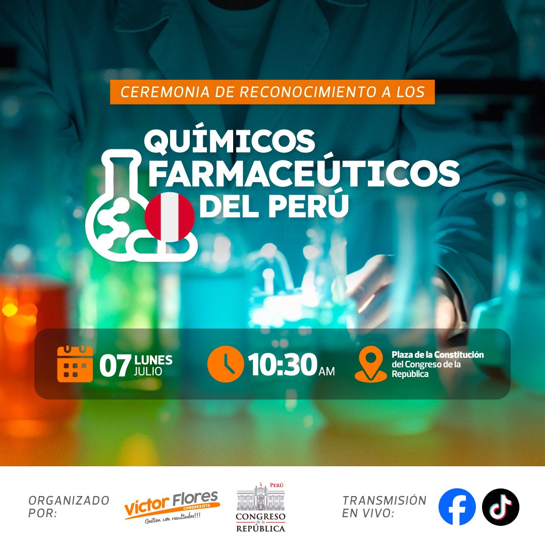 🇵🇪 En reconocimiento a su valioso aporte a la salud, la ética profesional y el bienestar de la ciudadanía, se llevará a cabo la "Ceremonia de Reconocimiento a los Químicos Farmacéuticos del Perú", donde se homenajeará a destacados profesionales por su compromiso y liderazgo en el