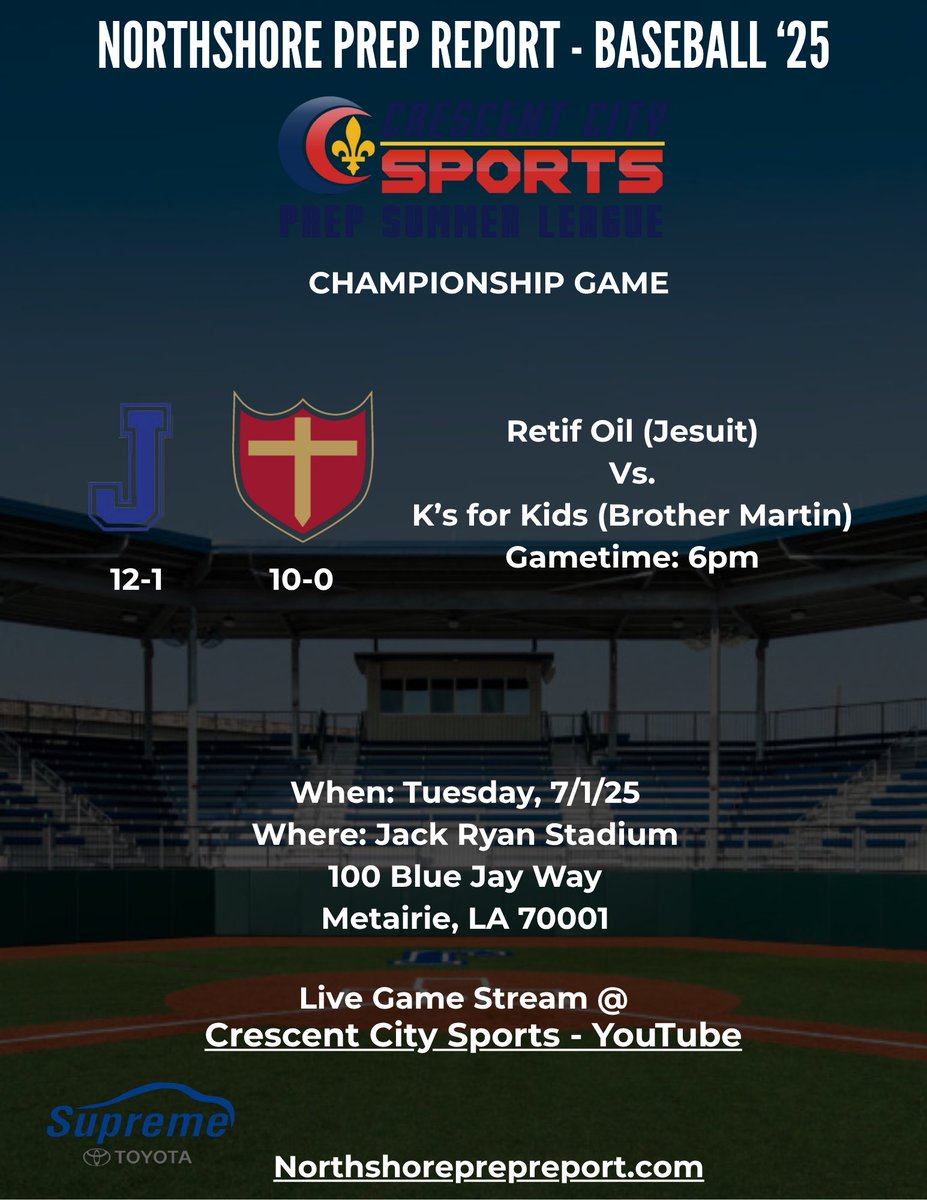 Crescent City Sports Summer League
BASEBALL ⚾️⚾️⚾️

Championship Game!
<a href="/CCSdaily/">Crescent City Sports</a> 

The championship game features a regular season rematch between undefeated K’s for Kids (Brother Martin) and Retif Oil (Jesuit). The Oilers only loss this year came to the Crusaders. On 6/18, K’s