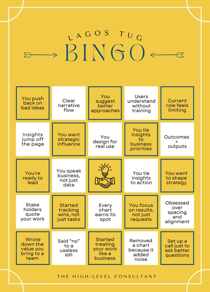 Lagos Tableau User Group (@lagostug) on Twitter photo Let’s play BINGO!
How many squares can you cross out? 👀
If you're checking off these boxes, then our session on July 5th with <a href="/AdrianZinovei/">Adrian Zinovei</a> and <a href="/datavizlouis/">Louis Yu</a> is definitely for you.
Share your completed cards in the comments👇🏾 
RSVP: usergroups.tableau.com/events/details… Let’s play BINGO!
How many squares can you cross out? 👀
If you're checking off these boxes, then our session on July 5th with <a href="/AdrianZinovei/">Adrian Zinovei</a> and <a href="/datavizlouis/">Louis Yu</a> is definitely for you.
Share your completed cards in the comments👇🏾 
RSVP: usergroups.tableau.com/events/details…