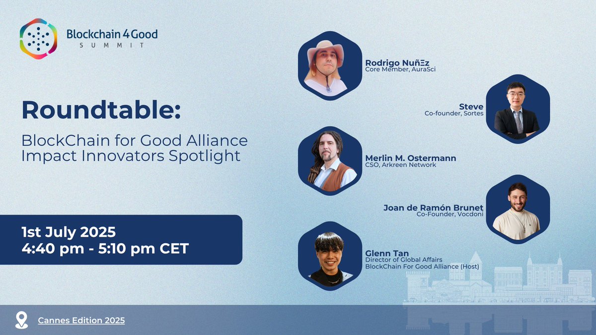 Blockchain4Good (@b4gsummit) on Twitter photo Creating impact across science, environment, and voting at the:
BGA Impact Innovators Spotlight Roundtable with
🔹<a href="/Cypherpunkfish1/">Rodrigo NuñΞz sci/acc</a> from <a href="/Aura_Sci/">AuraSci</a>
🔹<a href="/RealShigeng/">MadSteve, CFA</a> from Sortes
🔹<a href="/Merlin_M_O/">Merlin M. Ostermann</a> from Arkeen Network
🔹<a href="/joan_drb/">Joan_dRB</a> from <a href="/vocdoni/">Vocdoni 🗳️ building DAVINCI a zkRollup for voting</a>
Hosted by Glenn Tan from <a href="/ChainforGood/">Blockchain for Good Alliance (BGA)</a> Creating impact across science, environment, and voting at the:
BGA Impact Innovators Spotlight Roundtable with
🔹<a href="/Cypherpunkfish1/">Rodrigo NuñΞz sci/acc</a> from <a href="/Aura_Sci/">AuraSci</a>
🔹<a href="/RealShigeng/">MadSteve, CFA</a> from Sortes
🔹<a href="/Merlin_M_O/">Merlin M. Ostermann</a> from Arkeen Network
🔹<a href="/joan_drb/">Joan_dRB</a> from <a href="/vocdoni/">Vocdoni 🗳️ building DAVINCI a zkRollup for voting</a>
Hosted by Glenn Tan from <a href="/ChainforGood/">Blockchain for Good Alliance (BGA)</a>