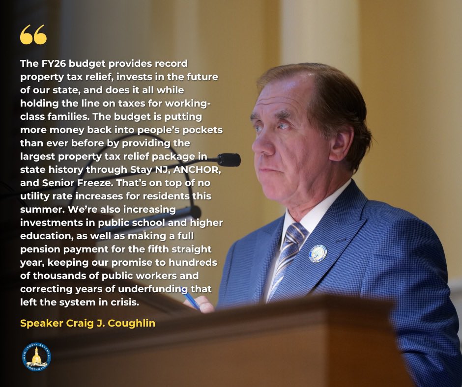SpeakerCoughlin's tweet image. Yesterday the Assembly passed the FY2026 state budget reaffirming our commitment to affordability, education, and a stronger future for every New Jerseyan. Read my full statement here: assemblydems.com/CivicAlerts.as…