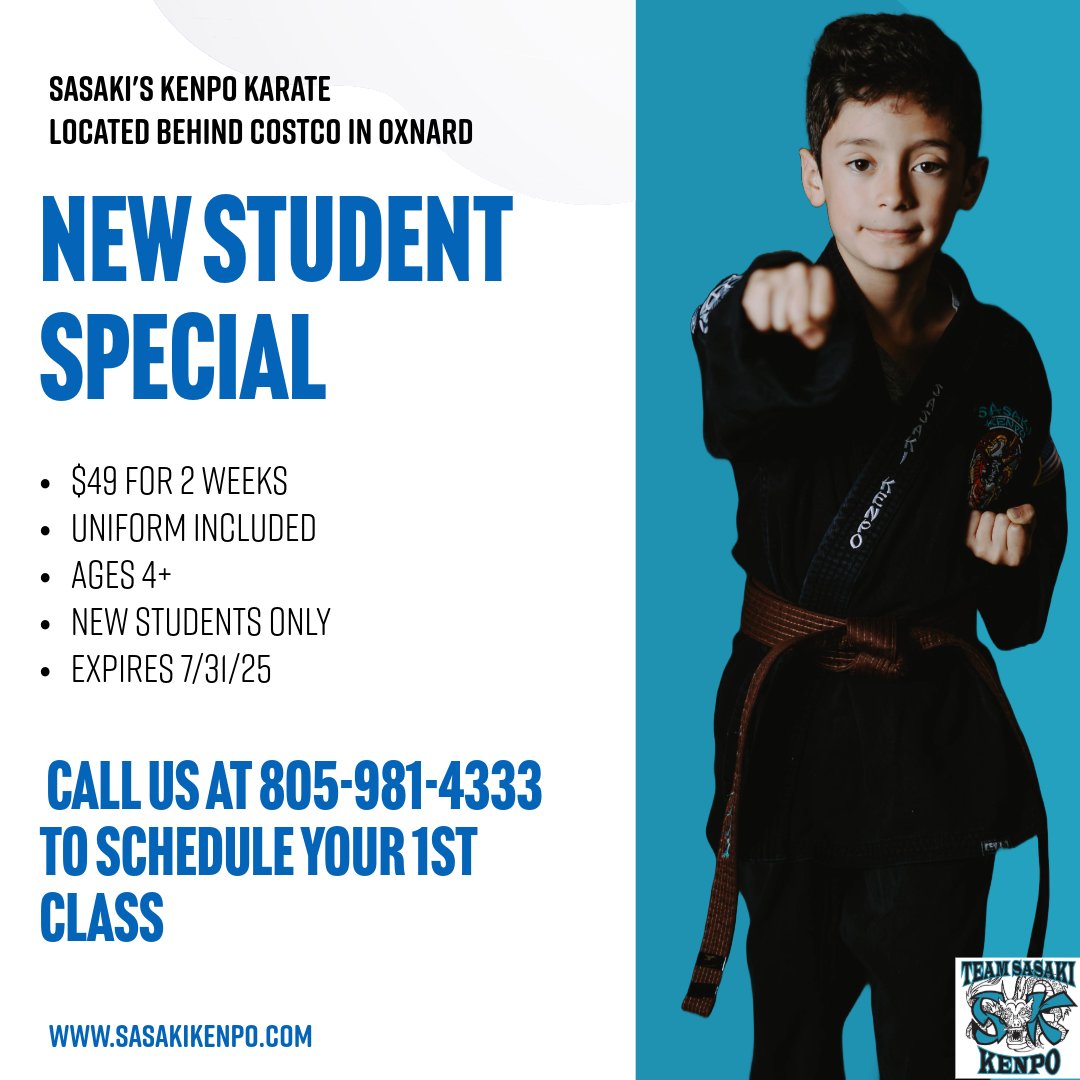 sasakikenpo's tweet image. 🚨 Oxnard parents! Try our 2-week Karate Special for just $49—includes a FREE uniform! 🥋 Ages 4–13. Build confidence, focus &amp;amp; discipline this summer. Offer ends July 31, 2025. DM us now to grab your spot!
#Oxnard #KarateForKids #SummerConfidence