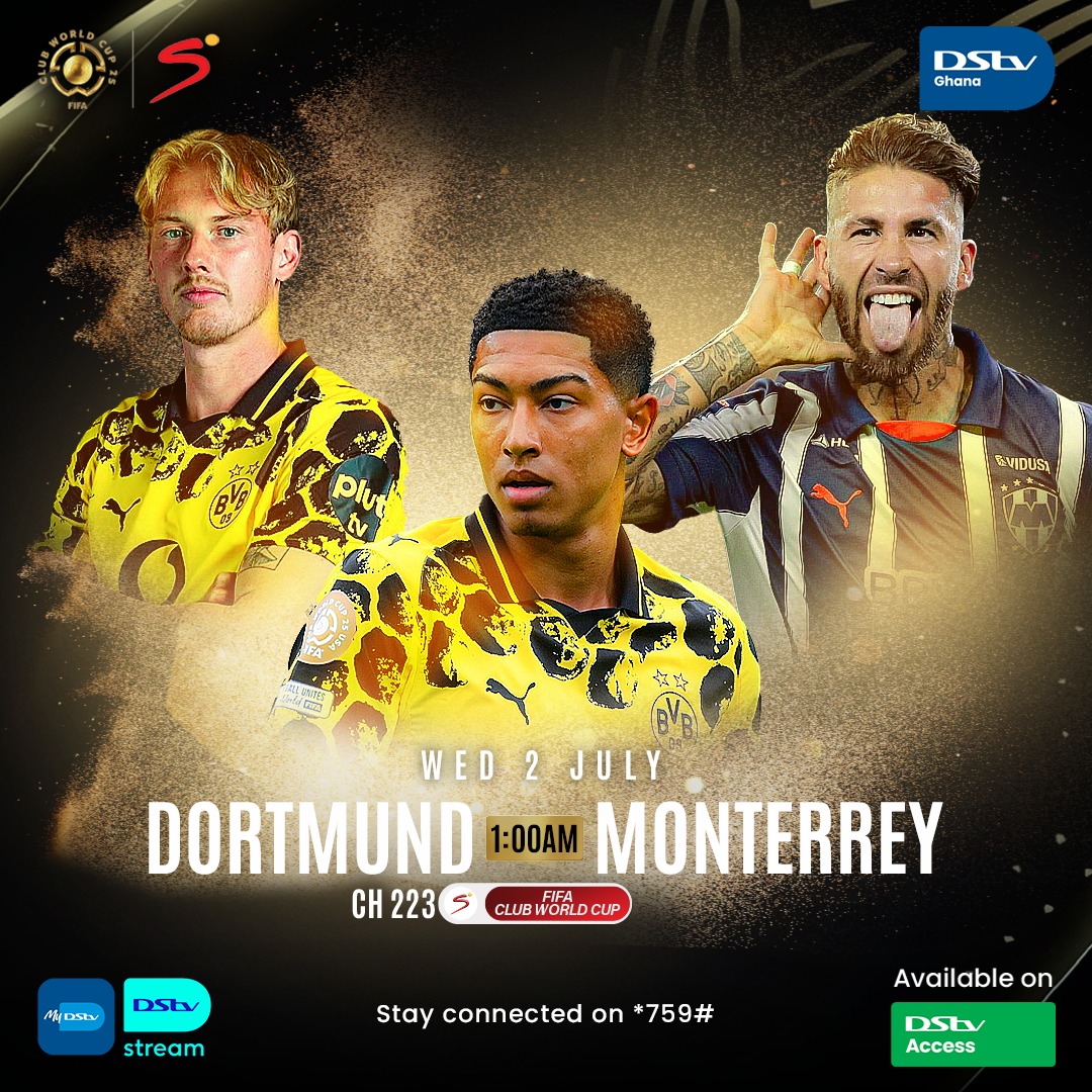DStv_Ghana's tweet photo. Midnight #FIFAClubWorld Showdown! ⚽
Dortmund vs Monterrey at 1:00AM
Can Monterrey pull off a major shock against Dortmund? 👀
Download MyDStv App and subscribe with just GH¢99 to catch every match LIVE in HD on SuperSport, only on #DStvGhana. https://t.co/bHeyP5EO8q