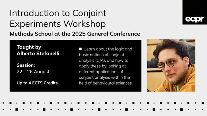 European Consortium for Political Research (@ecpr) on Twitter photo 🇬🇷 Methods School at the 2025 General Conference 👇
🧪 Introduction to Conjoint Experiments Workshop
📆 In-person 26–28 Aug
📍 <a href="/Auth_University/">Aristotle University of Thessaloniki</a>
🧑🏫 <a href="/AlbStefanelli/">Alberto Stefanelli</a>
🔐 Book now ecpr.eu/Events/Event/P…
#ecprgc25 #ecprms 🇬🇷 Methods School at the 2025 General Conference 👇
🧪 Introduction to Conjoint Experiments Workshop
📆 In-person 26–28 Aug
📍 <a href="/Auth_University/">Aristotle University of Thessaloniki</a>
🧑🏫 <a href="/AlbStefanelli/">Alberto Stefanelli</a>
🔐 Book now ecpr.eu/Events/Event/P…
#ecprgc25 #ecprms