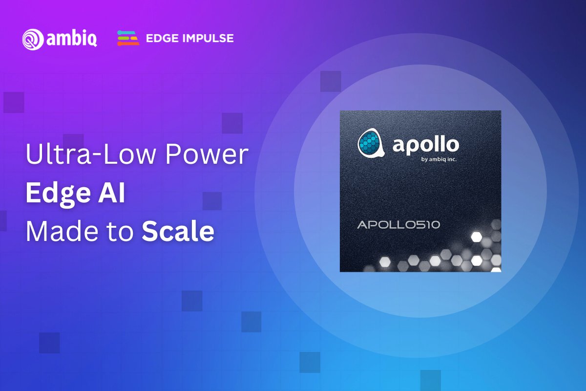 Ambiq (@ambiq_ai) on Twitter photo We are pleased to announce that our leading SoC for edge AI, the Apollo510, is now a part of the <a href="/EdgeImpulse/">Edge Impulse</a> ecosystem 🙌
We're excited to bring our most advanced and energy-efficient SoC to date to their platform ✨
Read more:
hubs.la/Q03vrndF0
#edgeai #semiconductors We are pleased to announce that our leading SoC for edge AI, the Apollo510, is now a part of the <a href="/EdgeImpulse/">Edge Impulse</a> ecosystem 🙌
We're excited to bring our most advanced and energy-efficient SoC to date to their platform ✨
Read more:
hubs.la/Q03vrndF0
#edgeai #semiconductors