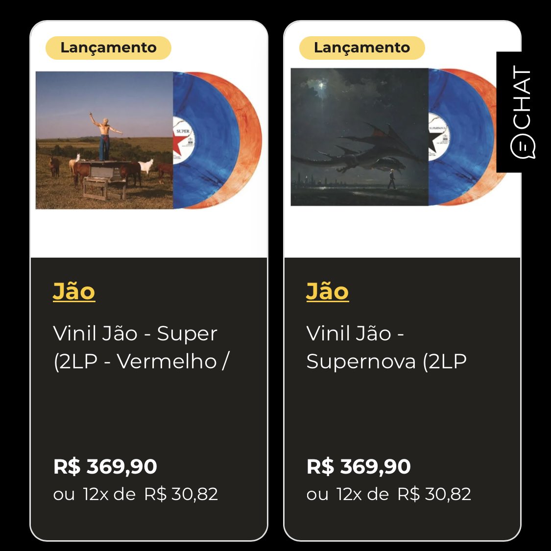 jaostage's tweet image. Você já pode garantir o seu disco de Super e Supernova na @umusicbrasil! Os vinis estão saindo a R$369,90 e podem ser parcelados em até 12x. 💫
🔗: umusicstore.com/jao?srsltid=Af…