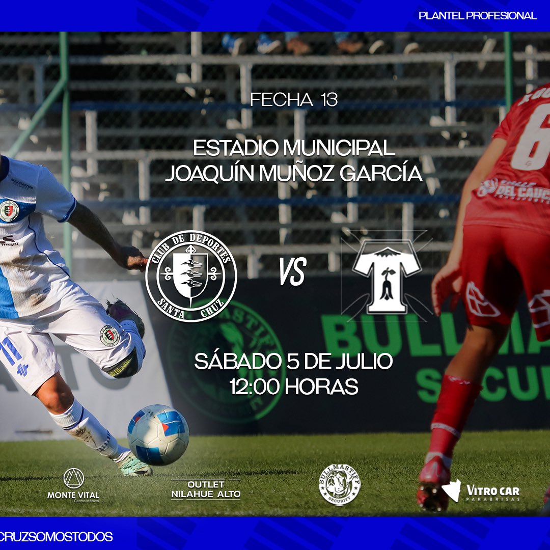 𝐏𝐫𝐨́𝐱𝐢𝐦𝐨 𝐩𝐚𝐫𝐭𝐢𝐝𝐨 𝐝𝐞 𝐒𝐚𝐧𝐭𝐚 𝐂𝐫𝐮𝐳 🔜

Este sábado 5 de julio al medio día jugamos el partido reprogramado por la Fecha 13 ante Deportes Temuco 💪🏽

¡Todos al estadio para acompañar al equipo en este desafío! 👊🏼

#VamosSantaCruz🤍💙