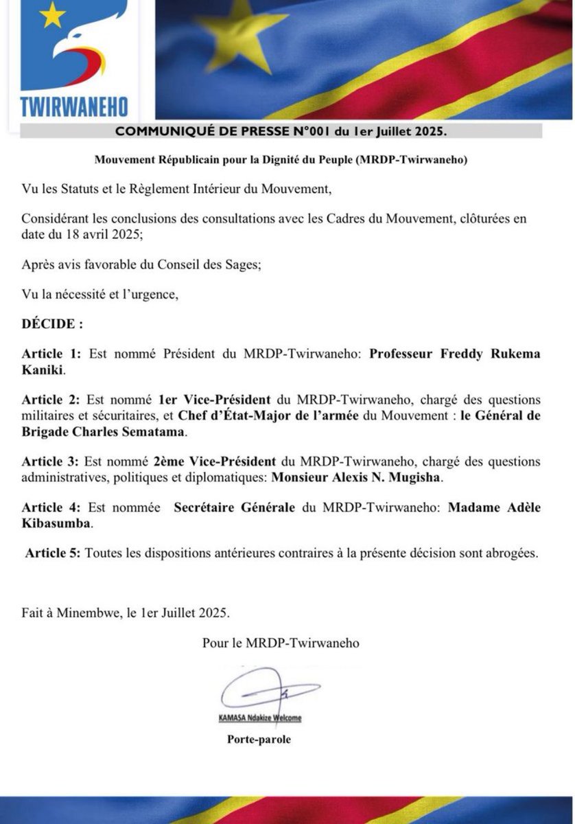 Le MRDP-Twirwaneho publie son 1er communiqué ce 1er juillet 2025 depuis Minembwe.

Fait marquant : le Prof. Freddy Rukema Kaniki, actuel coordonnateur de l’AFC/M23 chargé de l’économie et Finance est nommé Président du Mouvement Twirwaneho. Voici la nouvelle équipe dirigeante 👇