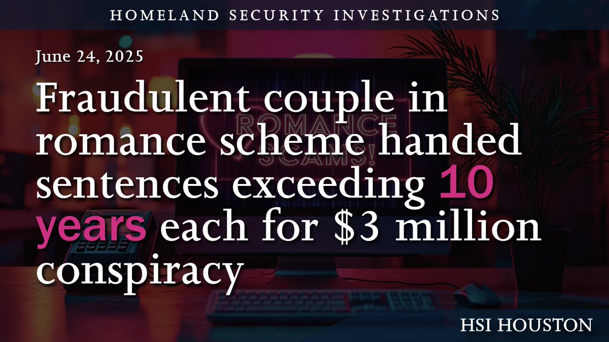 HSIHouston's tweet image. #ICYMI U.S. District Judge Charles Eskridge imposed a 188-month imprisonment for Darlington Akporugo while his wife Jasmin Sood received 121 months. Both must serve three years of supervised release following their sentences and pay $3,123,073 #Romancescam go.dhs.gov/wji