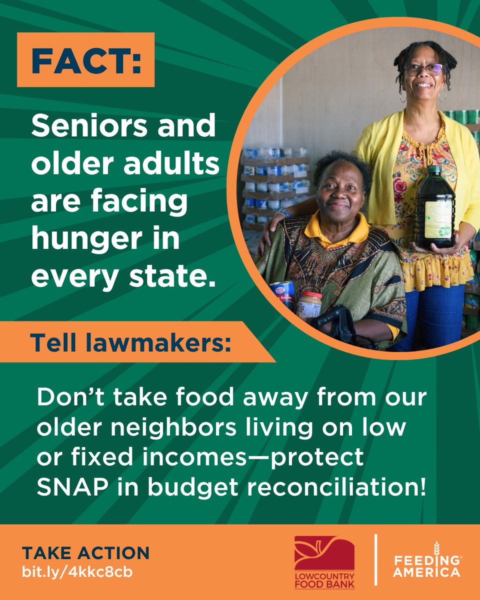 1 in 7 South Carolinians face food insecurity, and many are making impossible choices. With SNAP cuts on the table, we must act to protect our community. 

📣Take action 𝑁𝑂𝑊! Contact SC lawmakers: ow.ly/9Qyl50Wj6Tk

#SNAP #FeedingTheLowcountry #FeedingAmerica