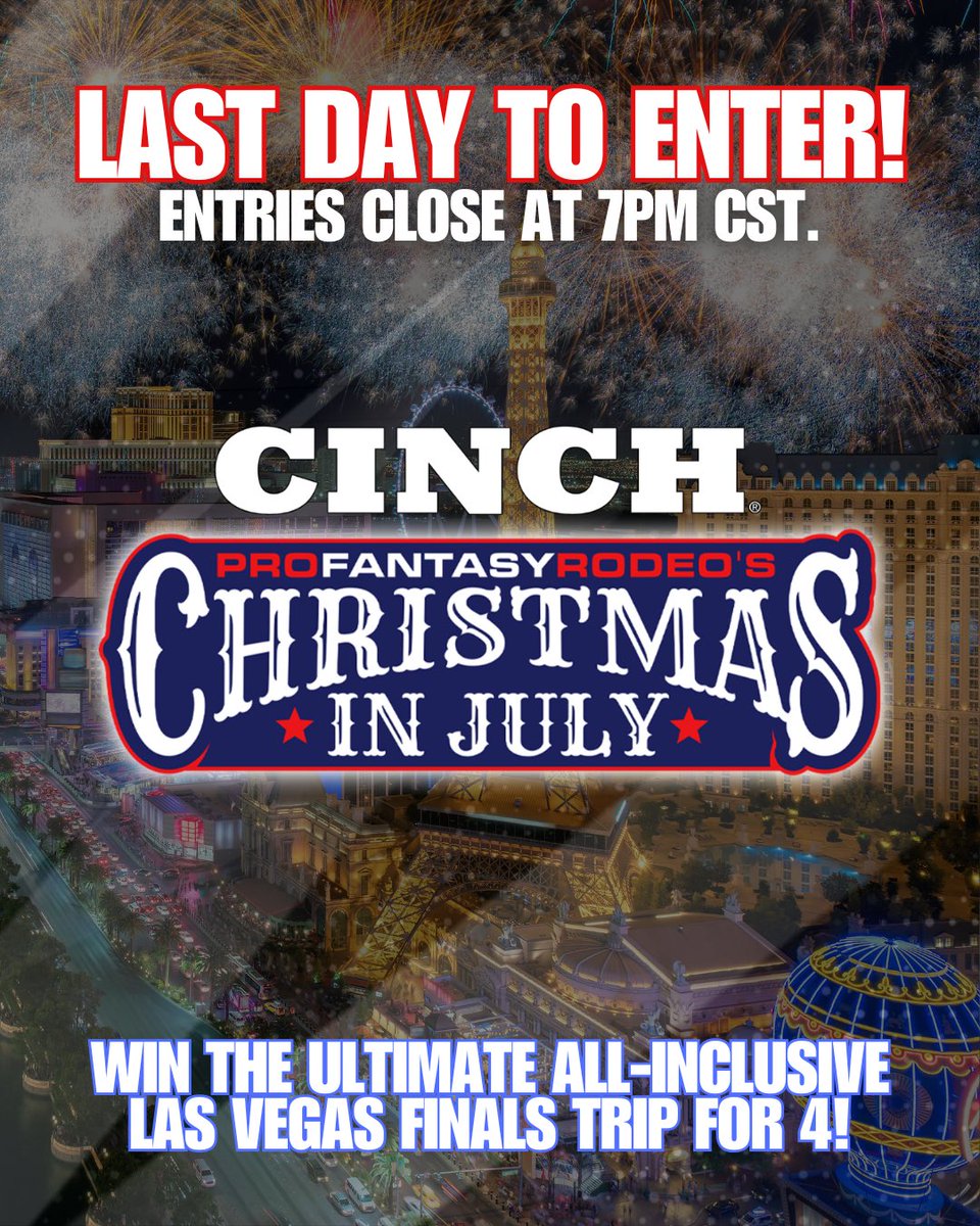 ProFantasyRodeo's tweet image. Time is running out! Today is your last chance to enter Christmas In July presented by CINCH. Entries close tonight at 7pm CST. You do not want to miss out on this month long game with weekly and overall cash prizes, plus the incredible Grand Prize! profantasyrodeo.com