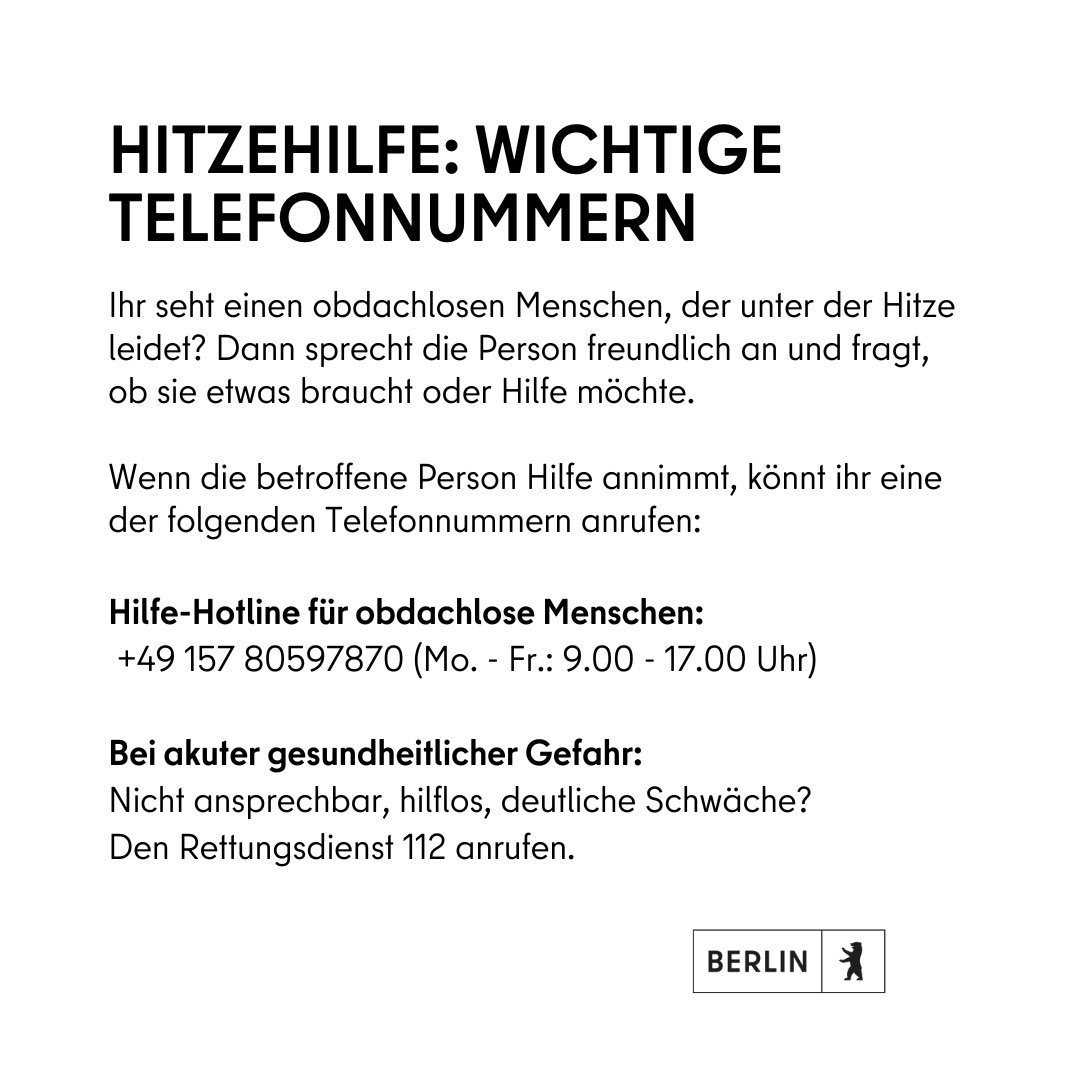 Heute und morgen herrschen extrem hohe Temperaturen in Berlin: Schütze dich und andere! ☀️🌡️ Achte besonders auf Menschen, die der Hitze schutzlos ausgeliefert sind. 

Weitere Angebote der Berliner Hitzhilfe und alle Infos findet ihr auch unter: berlin.de/hitzehilfe