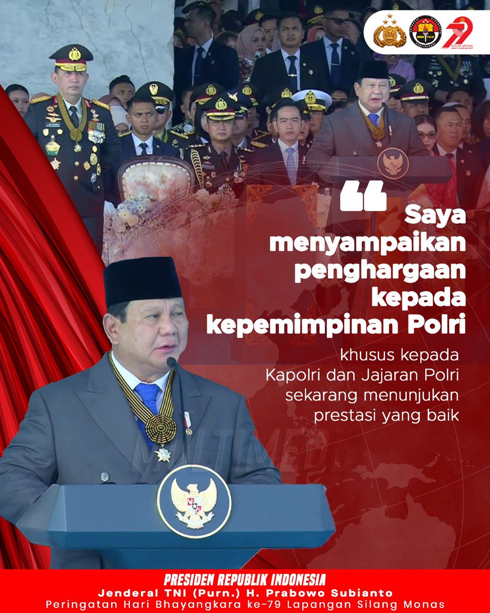 Presiden Republik Indonesia, Jenderal TNI (Purn.) H. Prabowo Subianto, menyampaikan apresiasi atas kepemimpinan Kapolri Jenderal Polisi Drs. Listyo Sigit Prabowo, M. Si., beserta jajaran Polri yang dinilai berhasil menunjukkan kinerja dan prestasi gemilang. Ucapan tersebut