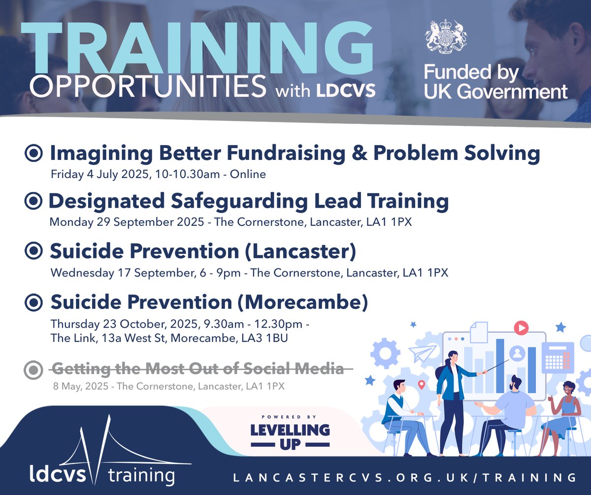 🚨 Upcoming Training! Free webinar this Friday from #LancasterDistrictCVS: ‘Imagining Better Fundraising’ with Felix Riley. Plus upcoming in-person training on safeguarding and suicide prevention. Equip your team with essential skills. Book now: lancastercvs.org.uk/training/ #training