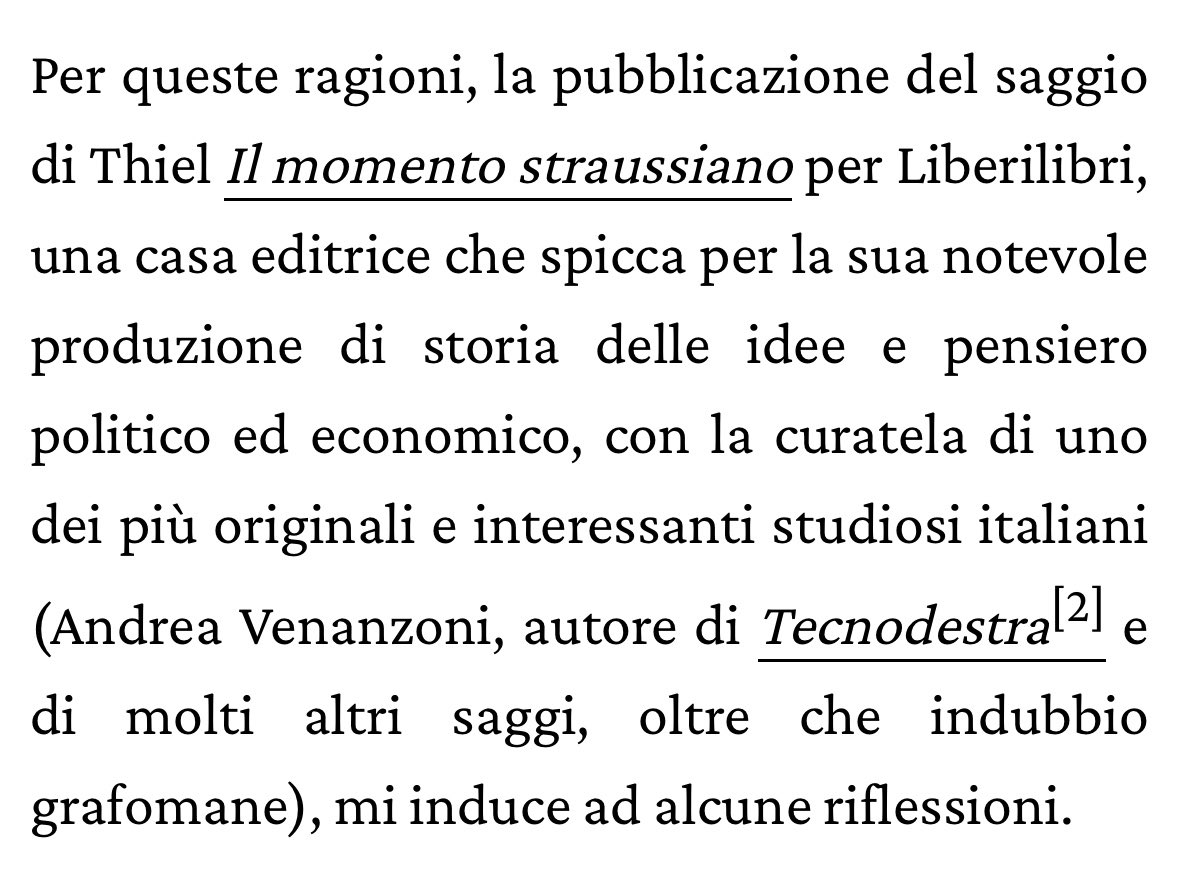 Andrea Venanzoni (@andreavenanzoni) on Twitter photo <a href="/alearesu/">Alessandro Aresu</a> su <a href="/pandorarivista/">Pandora Rivista</a> recensisce “Il momento straussiano” di Peter Thiel uscito da poco per <a href="/liberilibri_ed/">Liberilibri</a> a mia curatela e soprattutto recensisce lo stesso…Thiel, cui nel corso degli anni ha dedicato notevolissime riflessioni in libro e rivista.
Ringrazio Alessandro <a href="/alearesu/">Alessandro Aresu</a> su <a href="/pandorarivista/">Pandora Rivista</a> recensisce “Il momento straussiano” di Peter Thiel uscito da poco per <a href="/liberilibri_ed/">Liberilibri</a> a mia curatela e soprattutto recensisce lo stesso…Thiel, cui nel corso degli anni ha dedicato notevolissime riflessioni in libro e rivista.
Ringrazio Alessandro